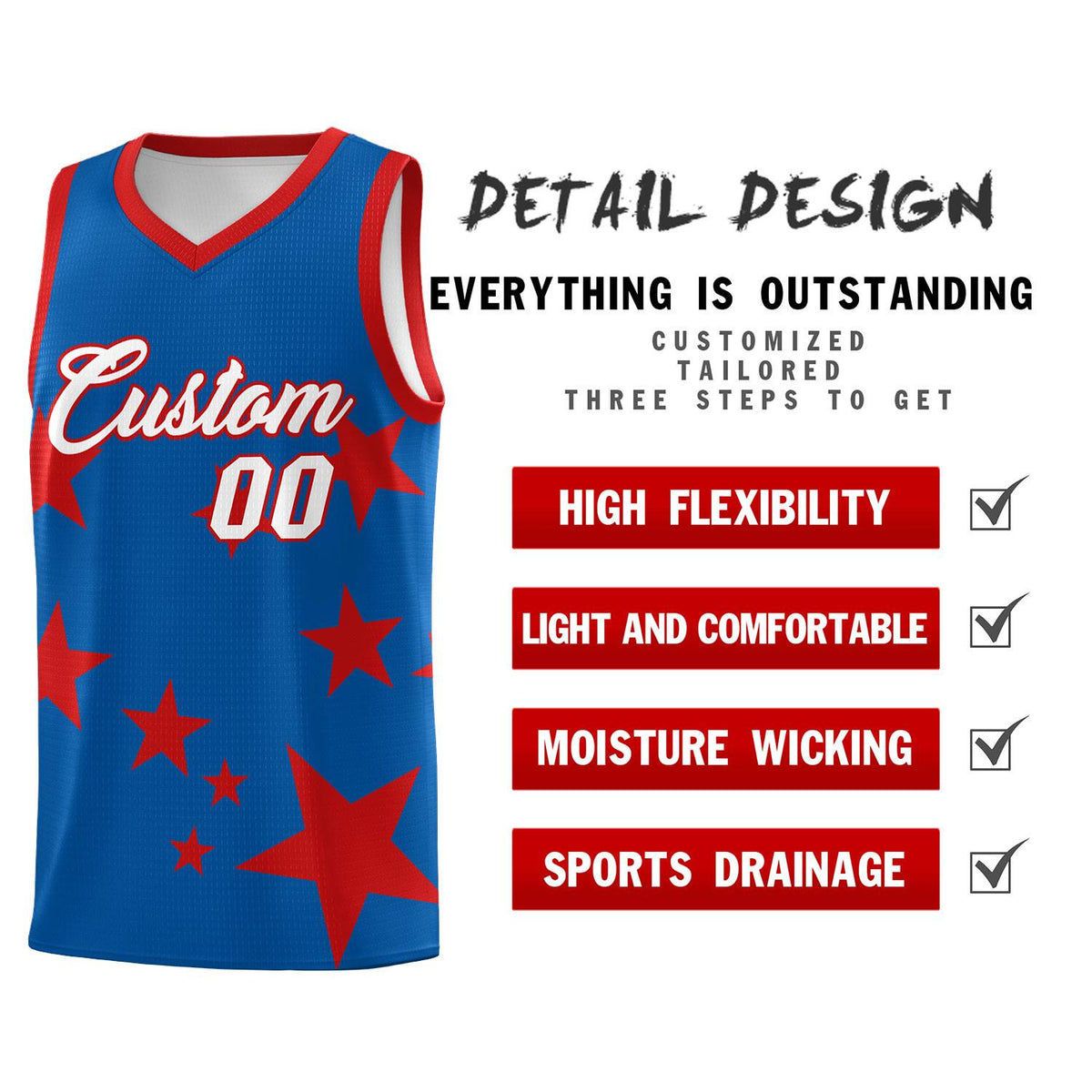 Custom Royal Red Graffiti Pattern Star Print Basketball Jersey Sets