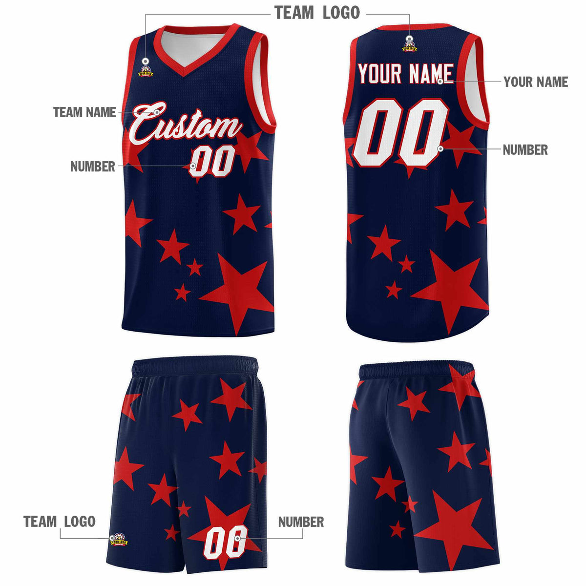 Custom Navy Red Graffiti Pattern Star Print Basketball Jersey Sets