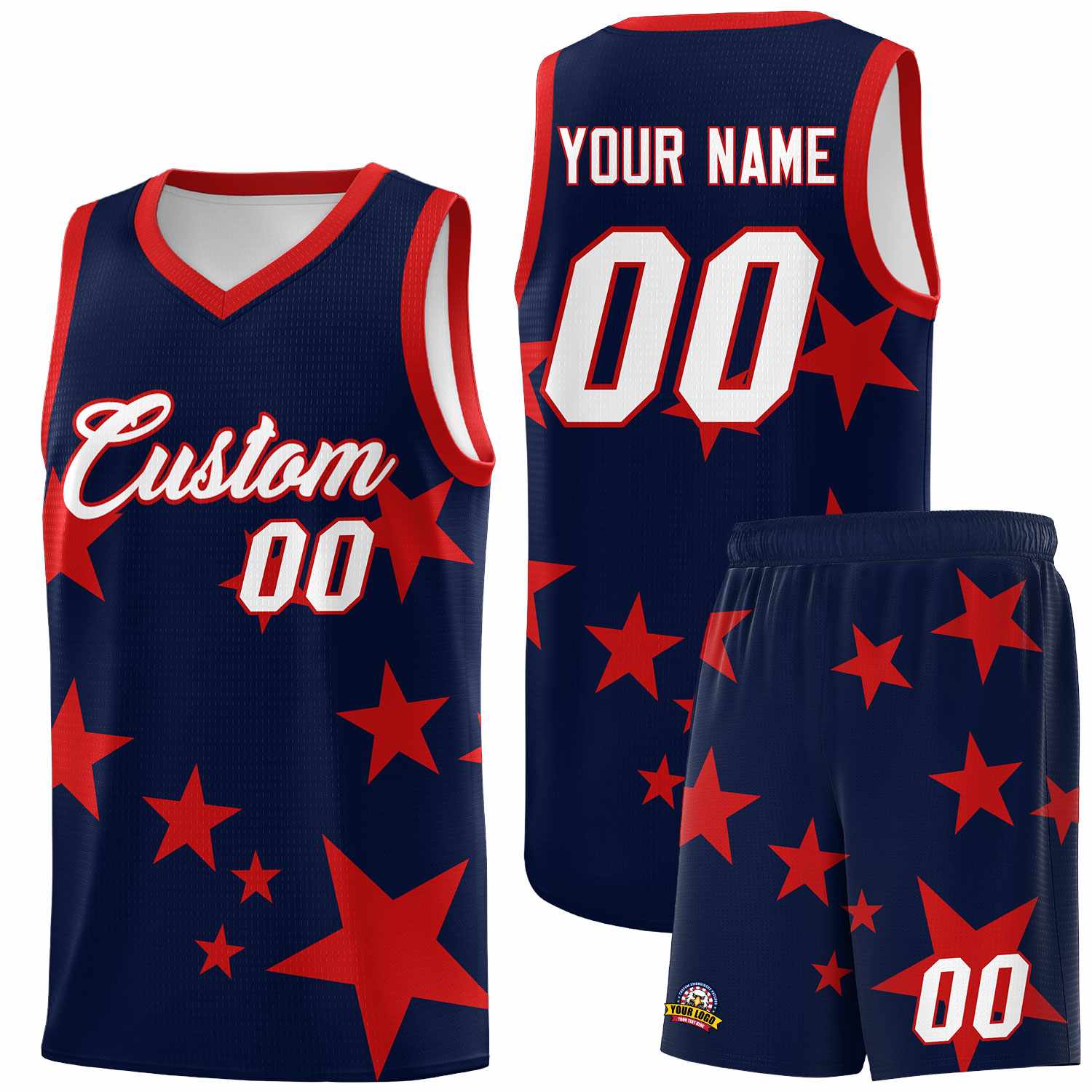 Custom Navy Red Graffiti Pattern Star Print Basketball Jersey Sets
