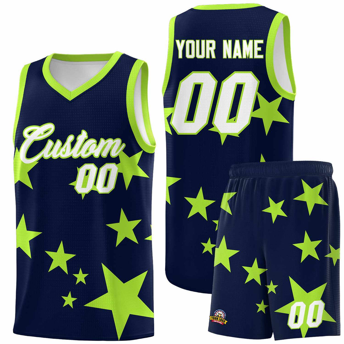 Custom Navy Light Green Graffiti Pattern Star Print Basketball Jersey Sets