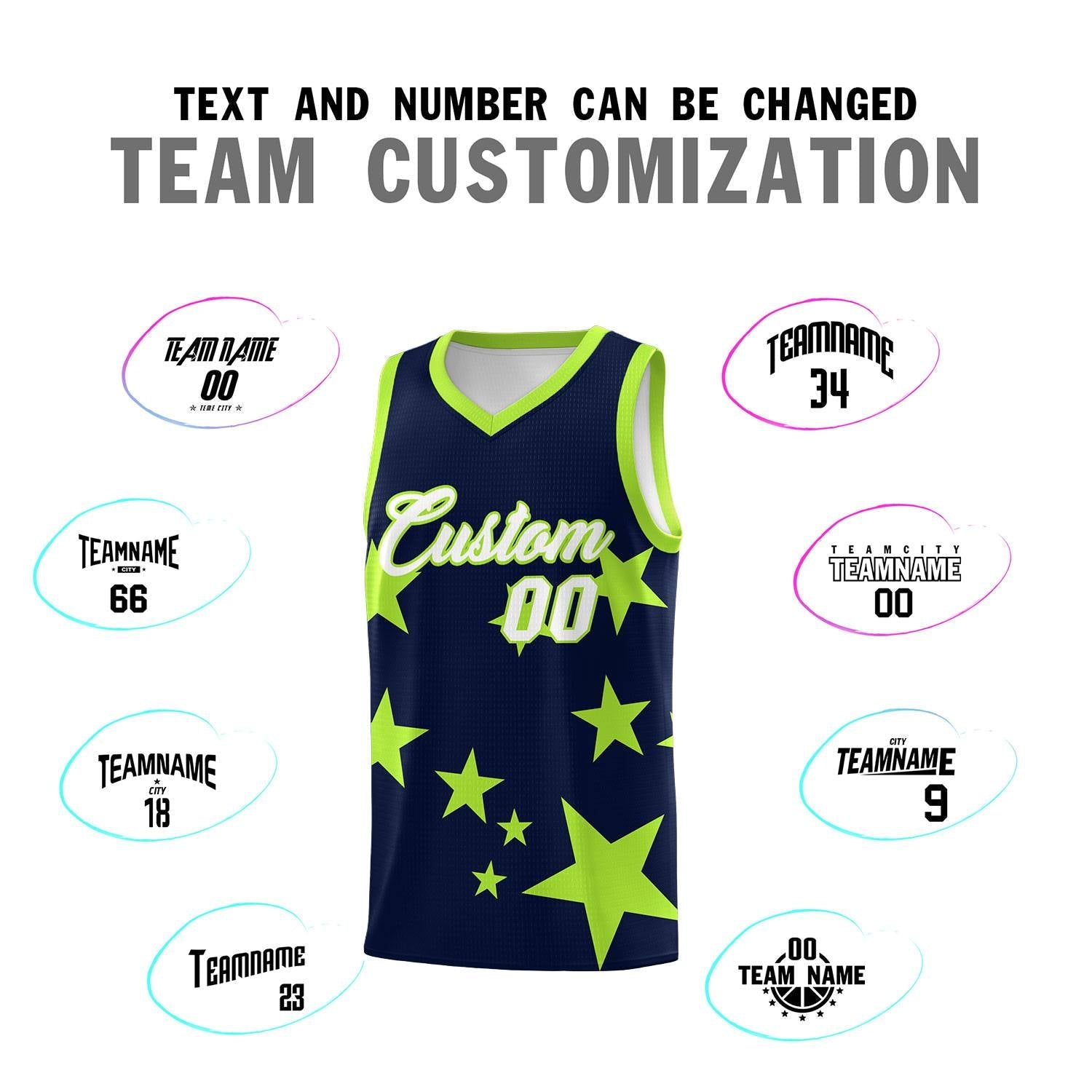 Custom Navy Light Green Graffiti Pattern Star Print Basketball Jersey Sets
