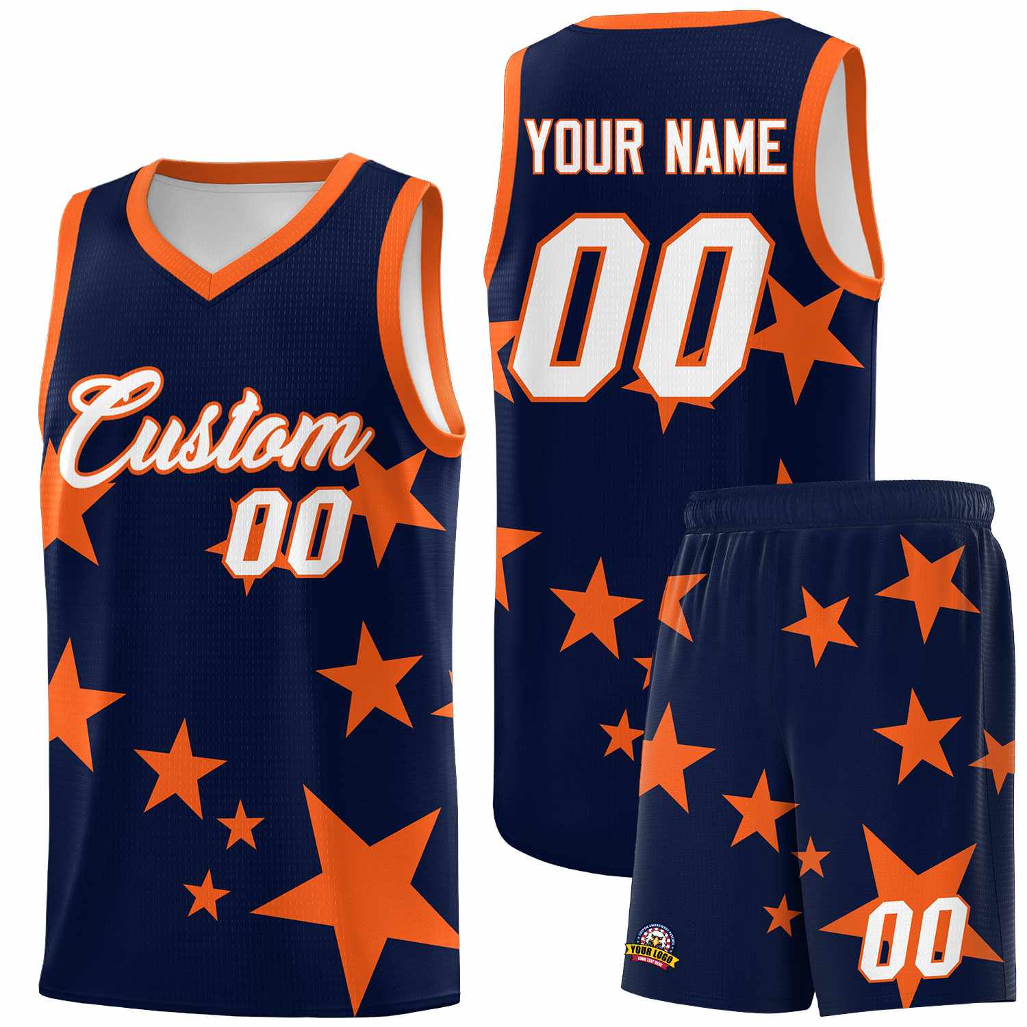 Custom Navy Orange Graffiti Pattern Star Print Basketball Jersey Sets