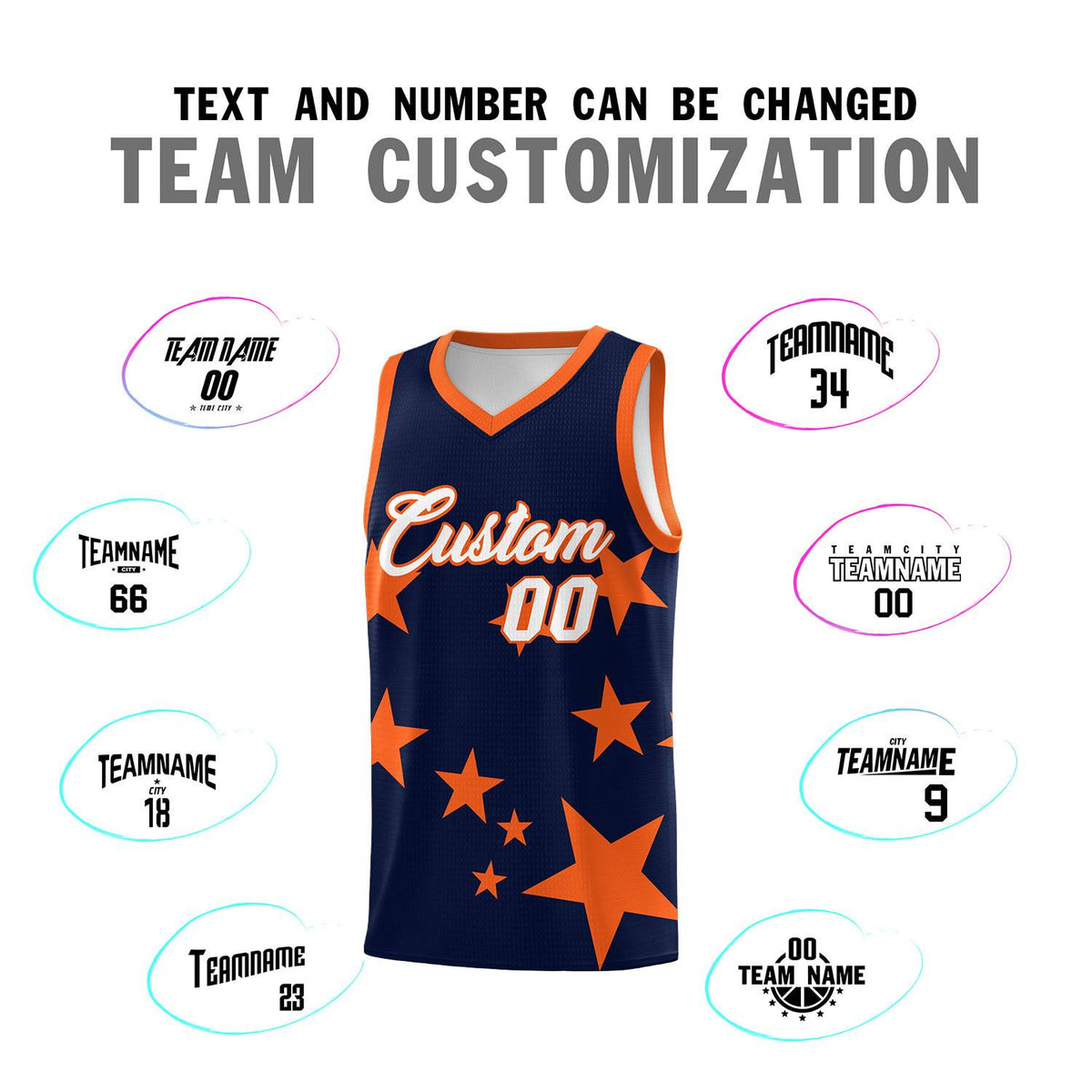 Custom Navy Orange Graffiti Pattern Star Print Basketball Jersey Sets