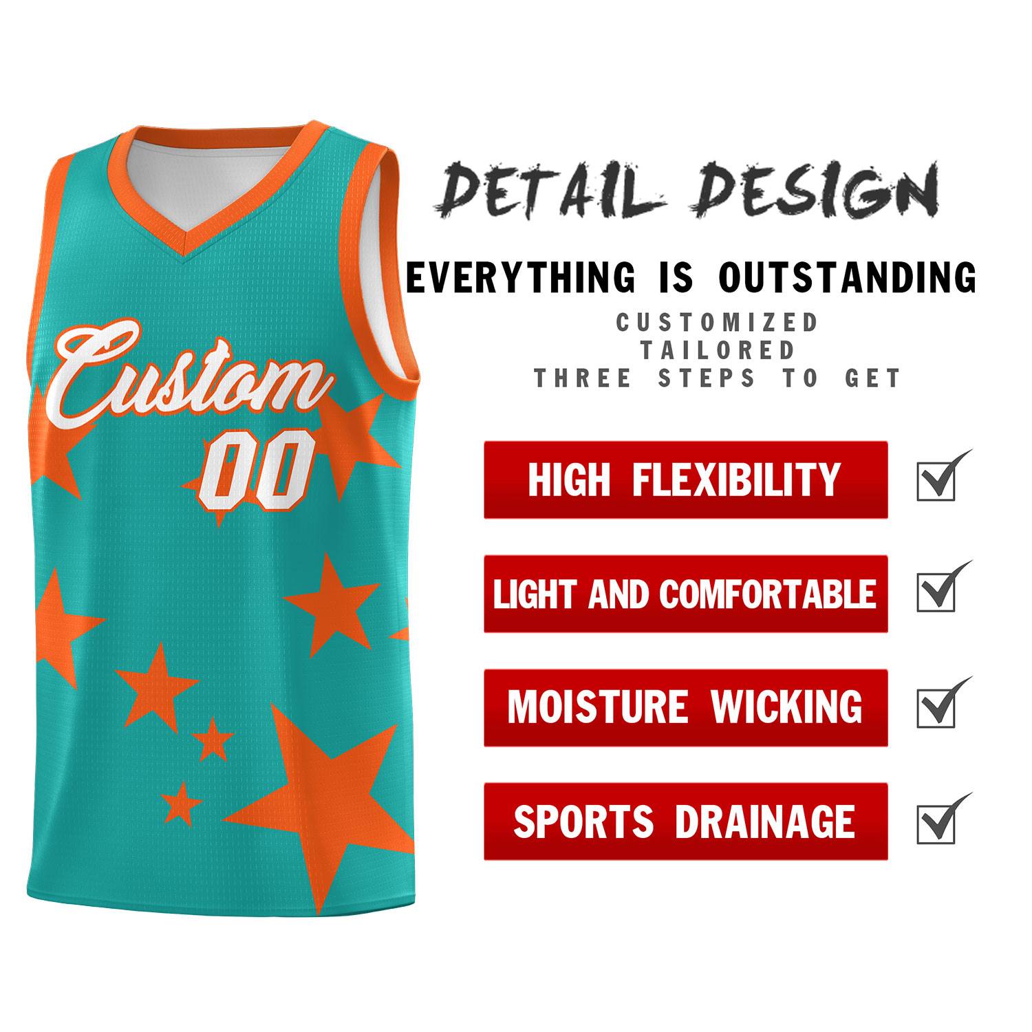 Custom Aqua Orange Graffiti Pattern Star Print Basketball Jersey Sets