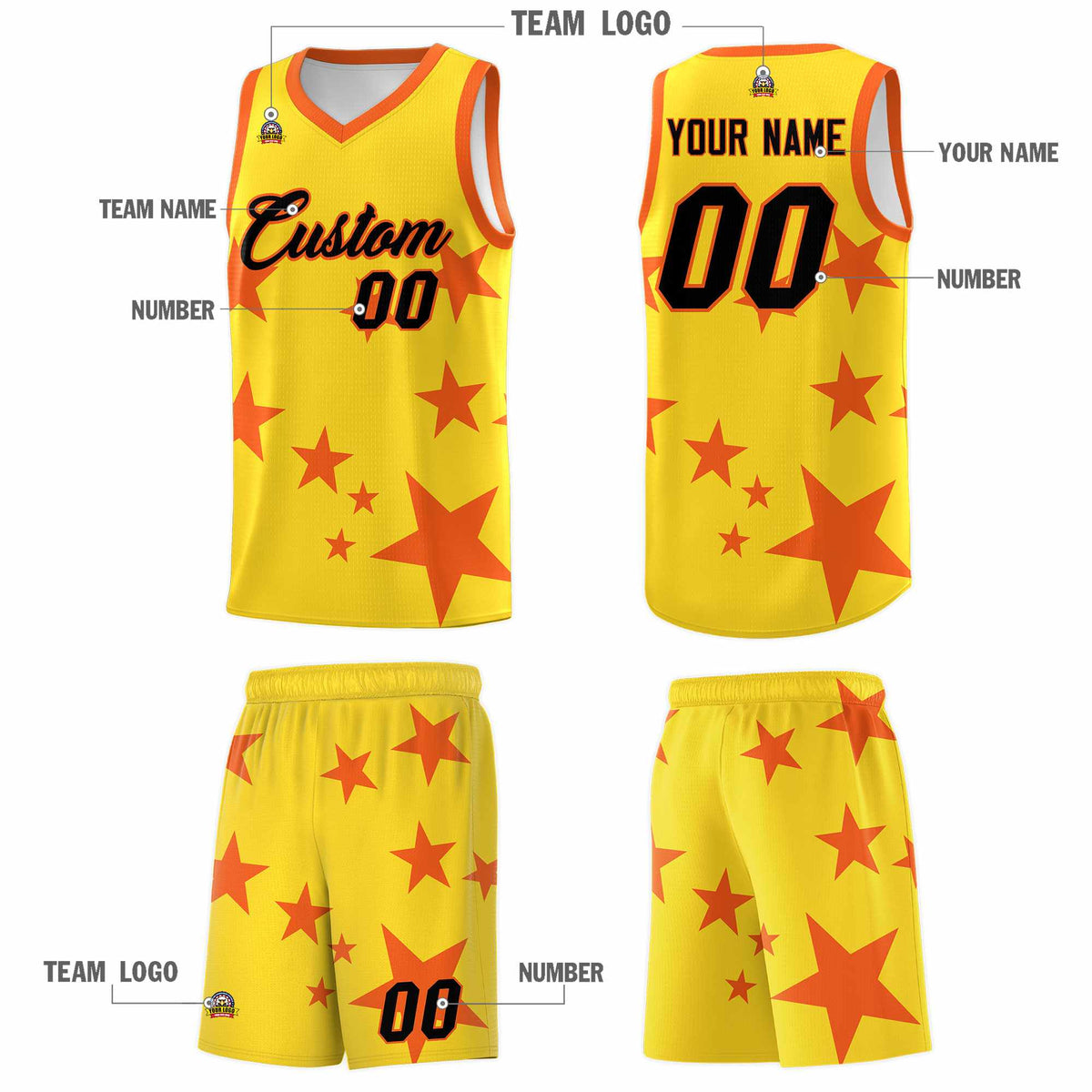 Custom Gold Orange Graffiti Pattern Star Print Basketball Jersey Sets
