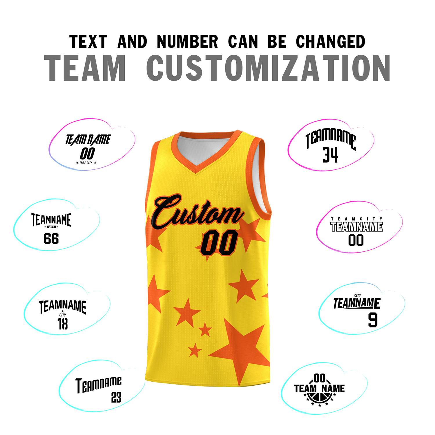 Custom Gold Orange Graffiti Pattern Star Print Basketball Jersey Sets