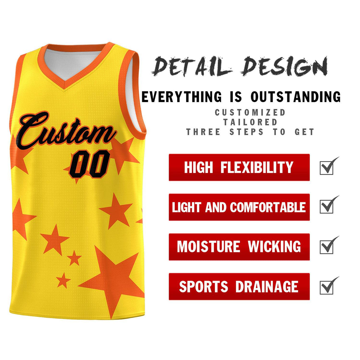 Custom Gold Orange Graffiti Pattern Star Print Basketball Jersey Sets