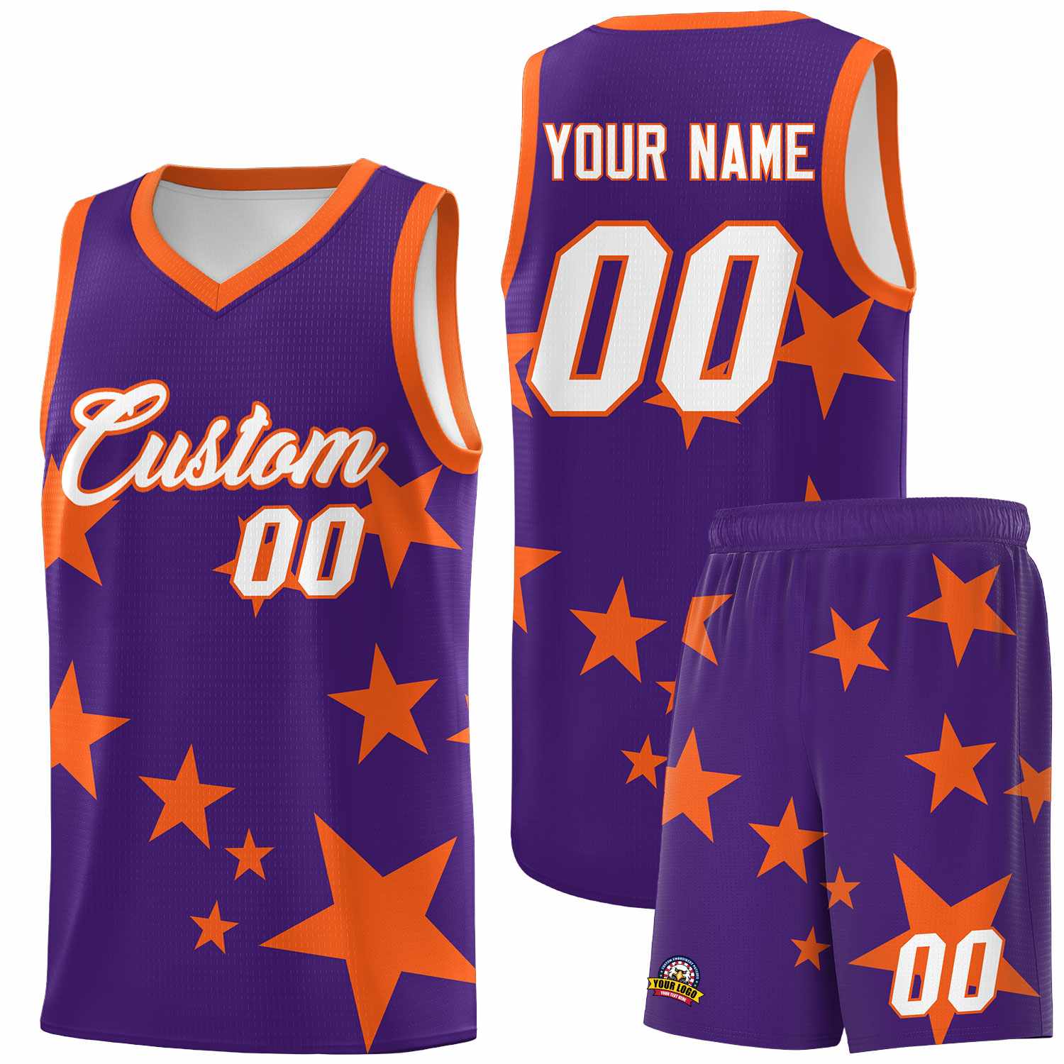 Custom Purple Orange Graffiti Pattern Star Print Basketball Jersey Sets