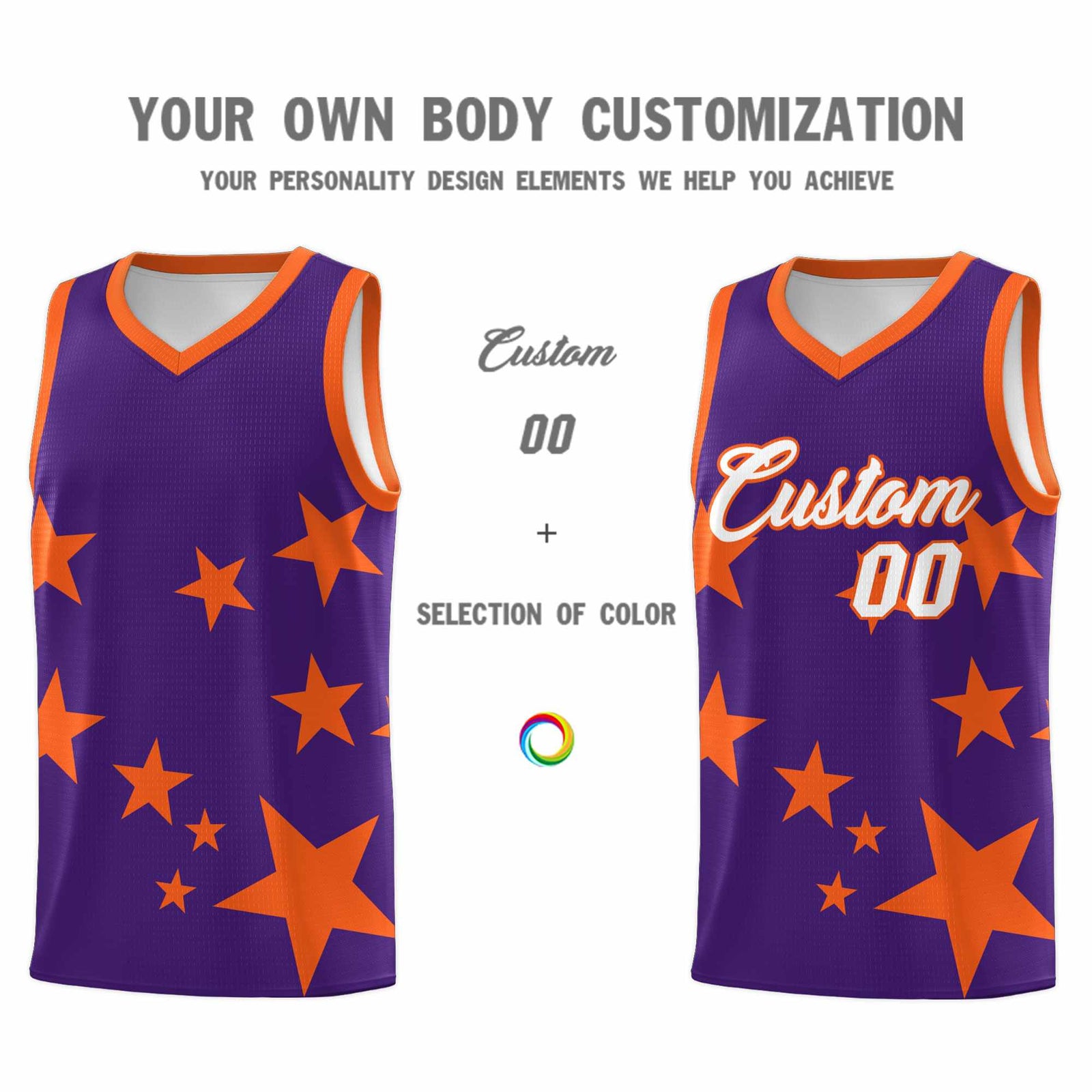 Custom Purple Orange Graffiti Pattern Star Print Basketball Jersey Sets
