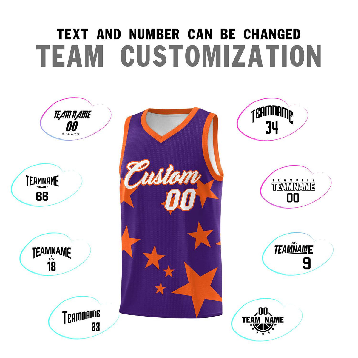 Custom Purple Orange Graffiti Pattern Star Print Basketball Jersey Sets