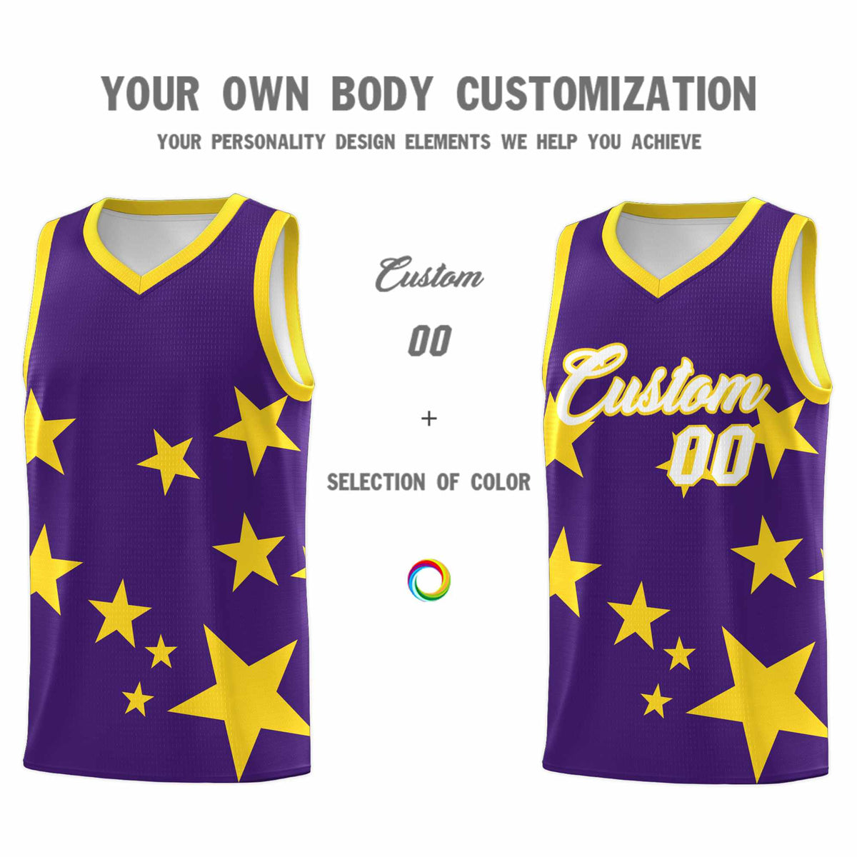 Custom Purple Gold Graffiti Pattern Star Print Basketball Jersey Sets