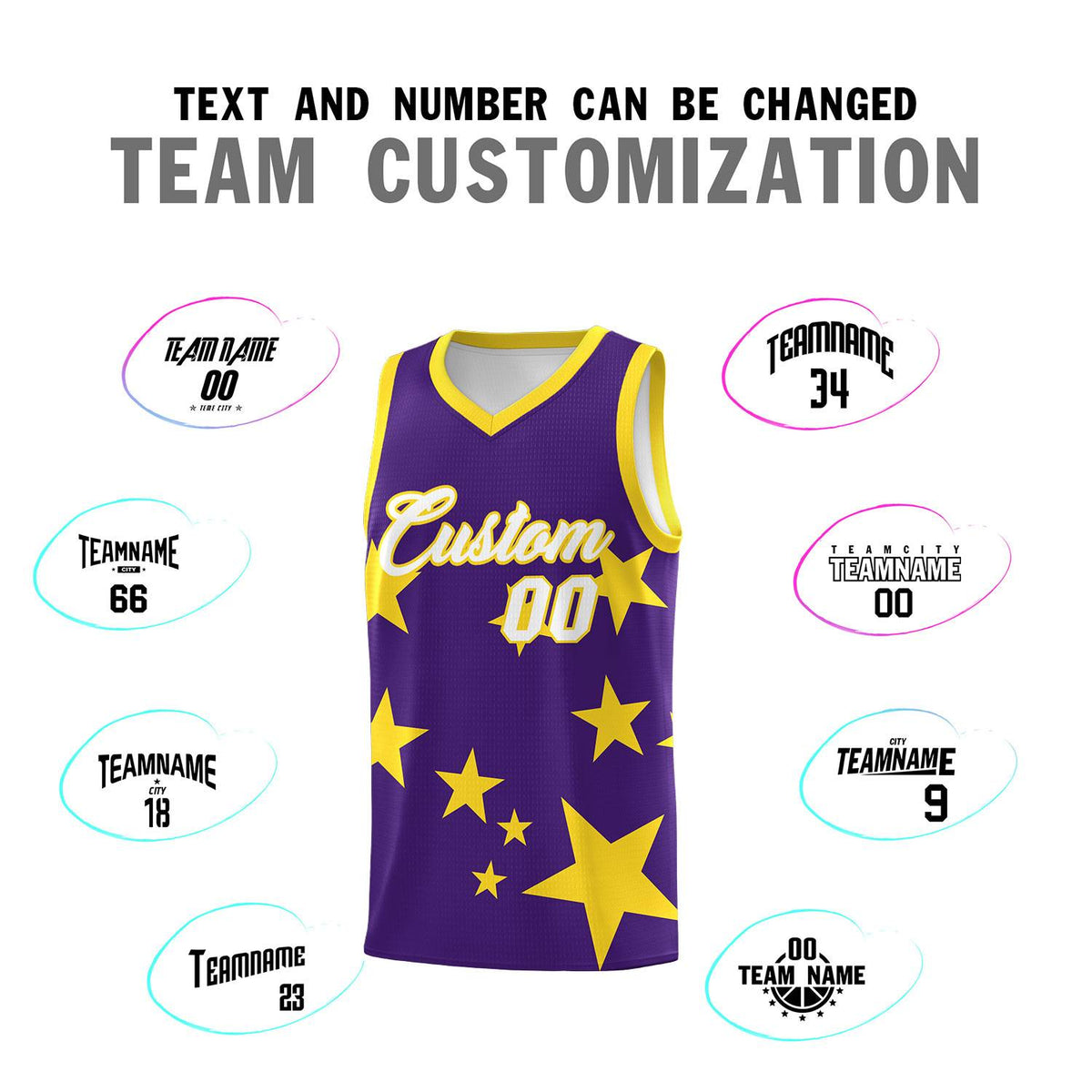 Custom Purple Gold Graffiti Pattern Star Print Basketball Jersey Sets