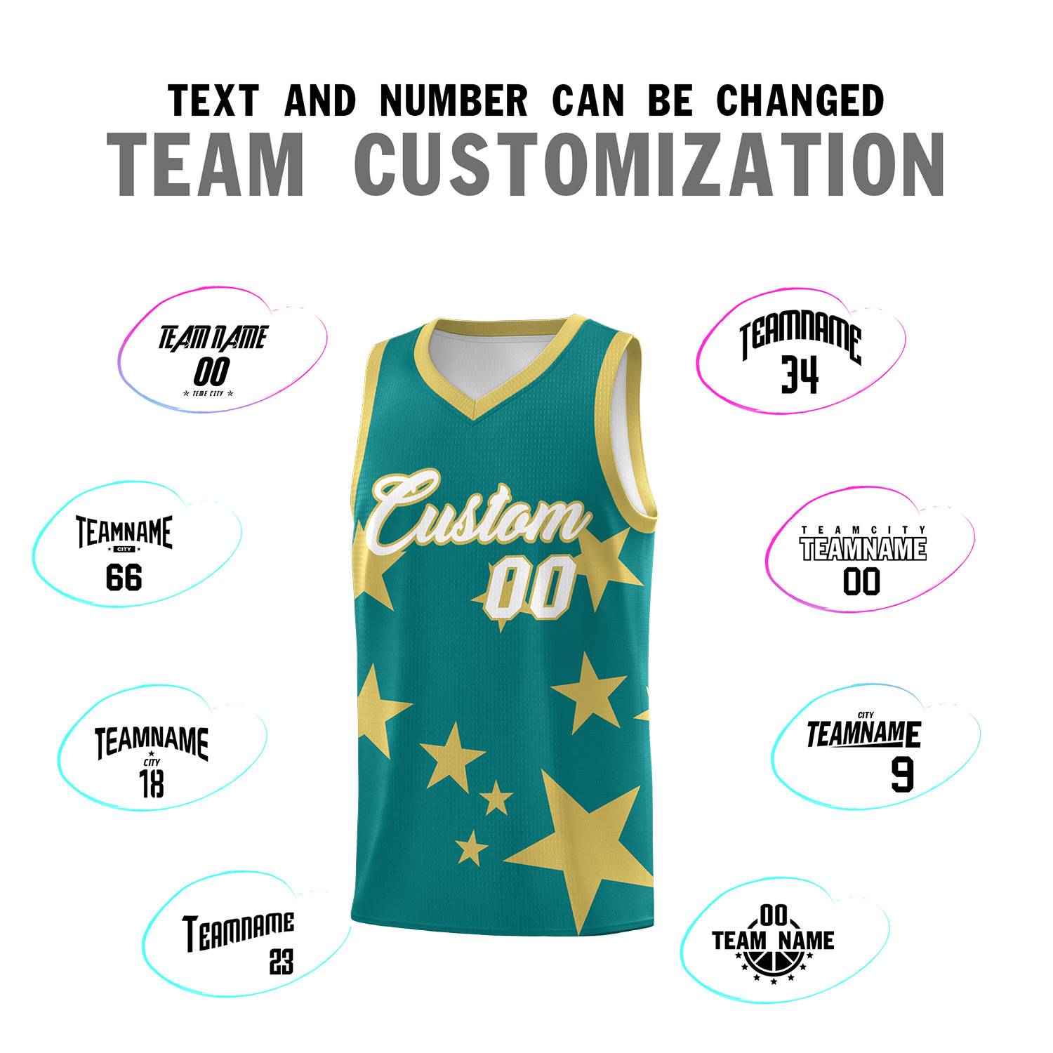 Custom Aqua Old Gold Graffiti Pattern Star Print Basketball Jersey Sets