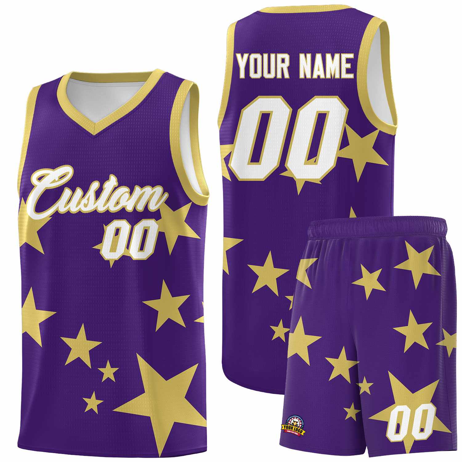 Custom Purple Old Gold Graffiti Pattern Star Print Basketball Jersey Sets