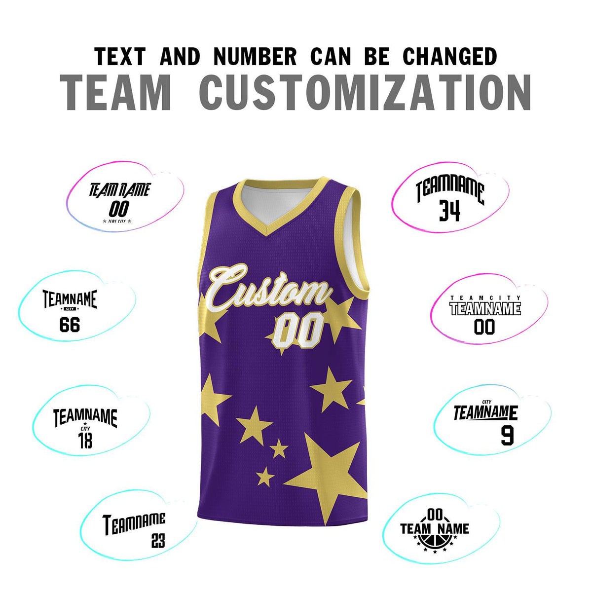 Custom Purple Old Gold Graffiti Pattern Star Print Basketball Jersey Sets