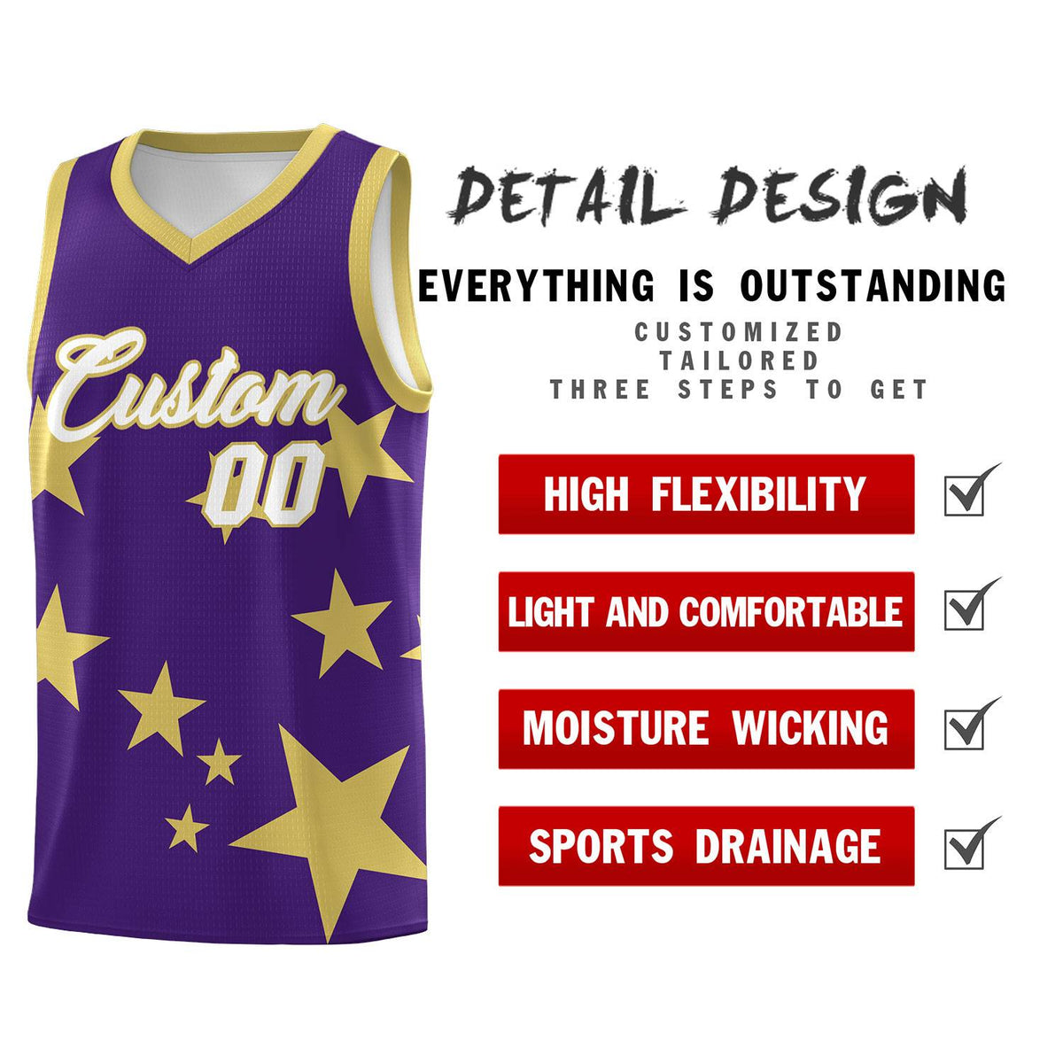 Custom Purple Old Gold Graffiti Pattern Star Print Basketball Jersey Sets