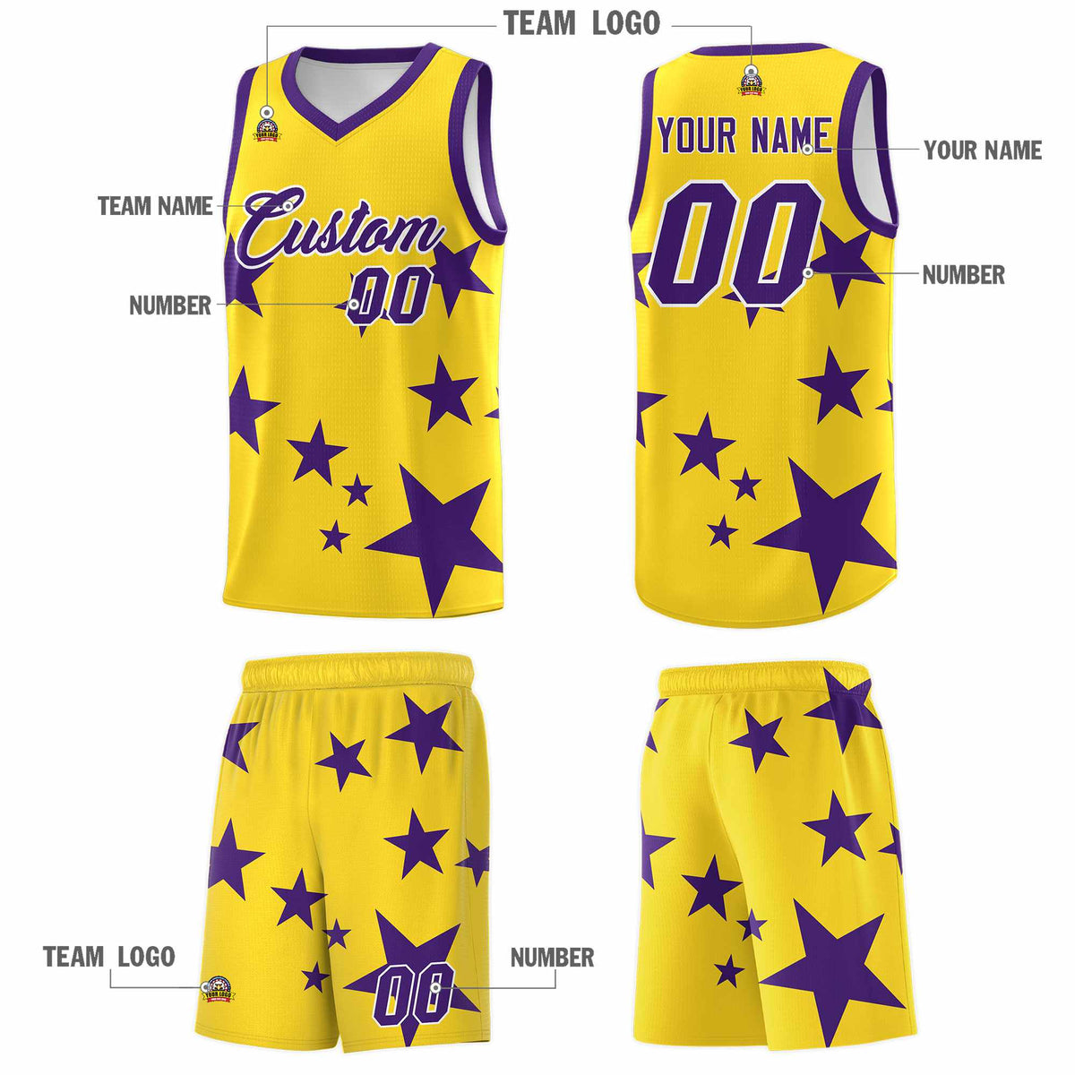 Custom Gold Purple Graffiti Pattern Star Print Basketball Jersey Sets