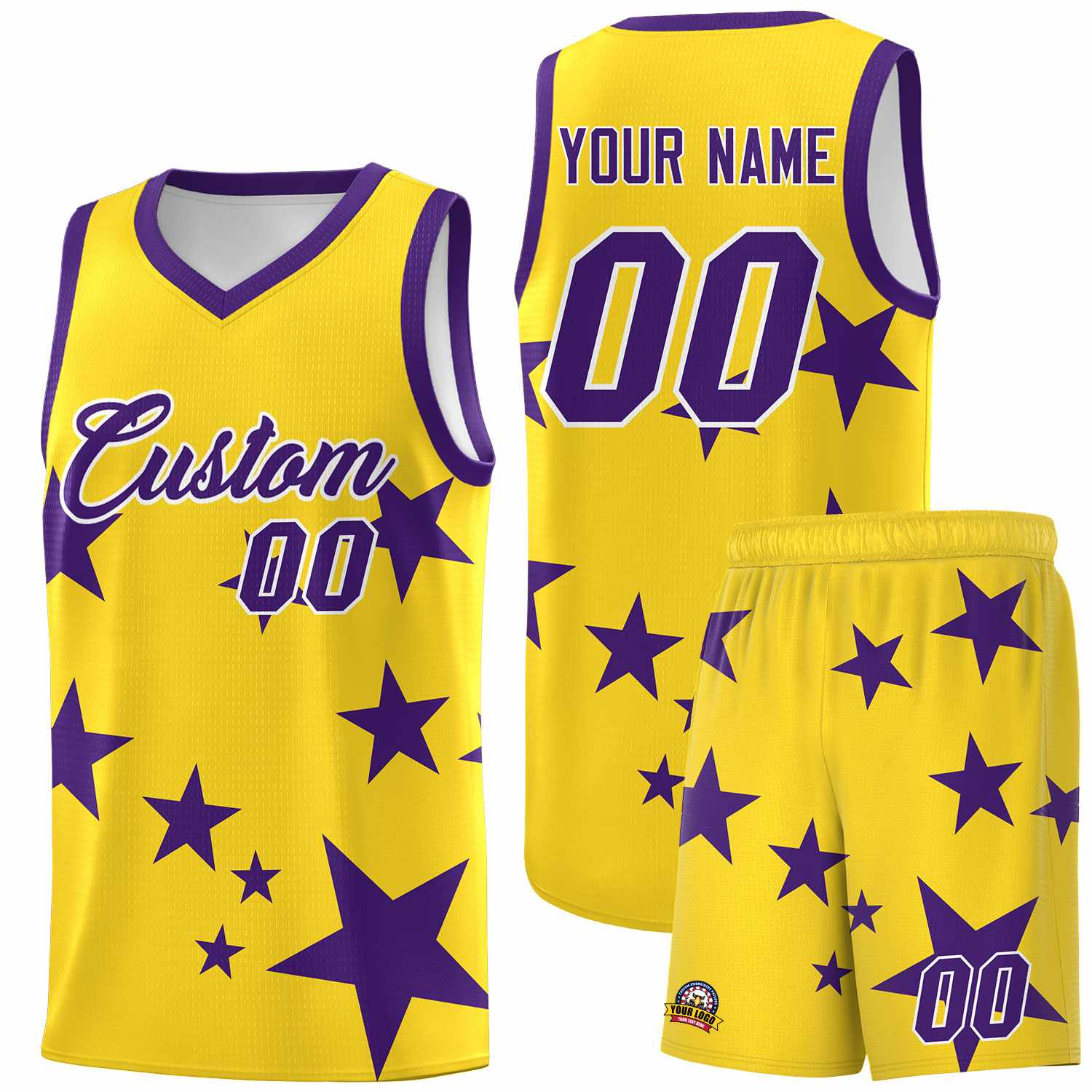 Custom Gold Purple Graffiti Pattern Star Print Basketball Jersey Sets