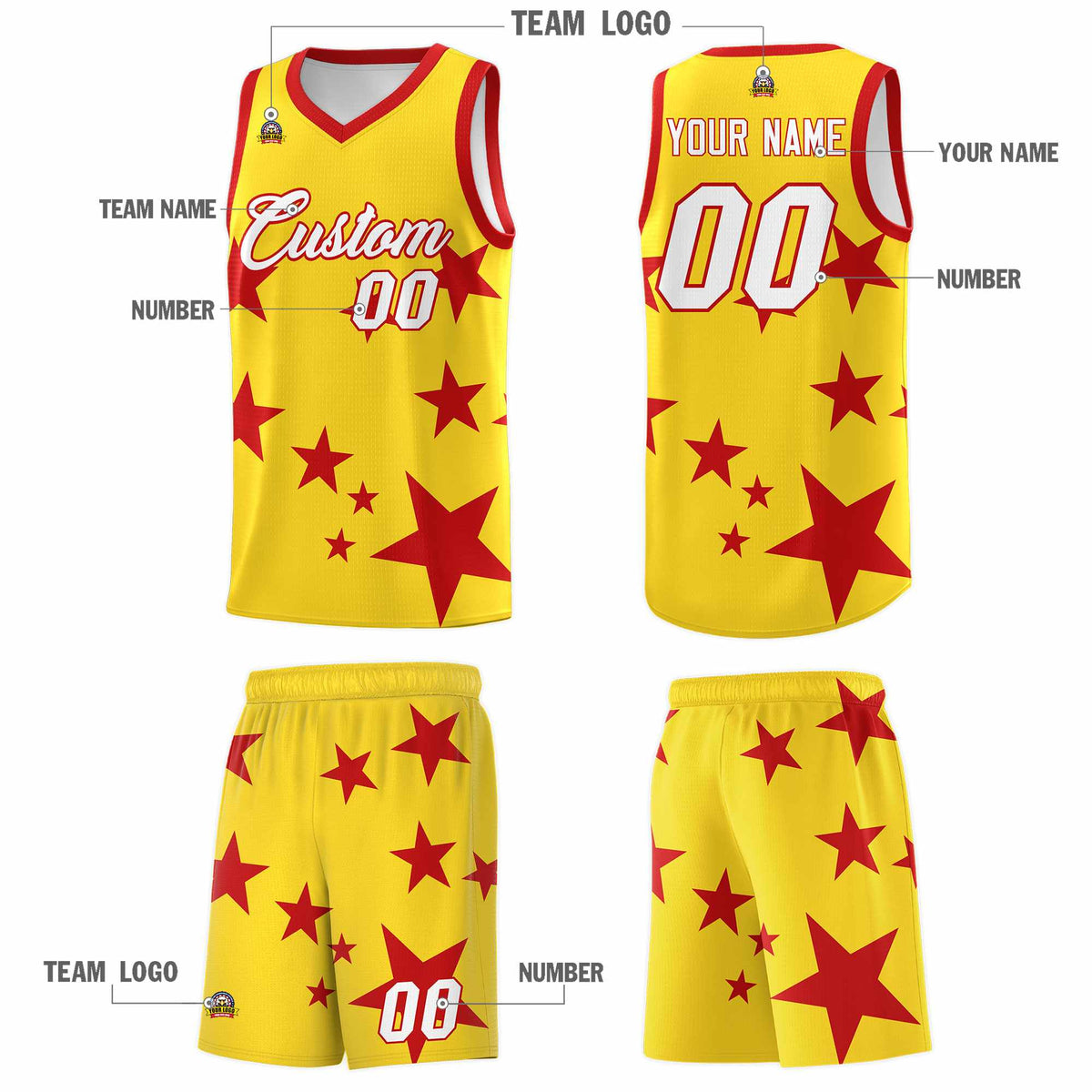 Custom Gold Red Graffiti Pattern Star Print Basketball Jersey Sets