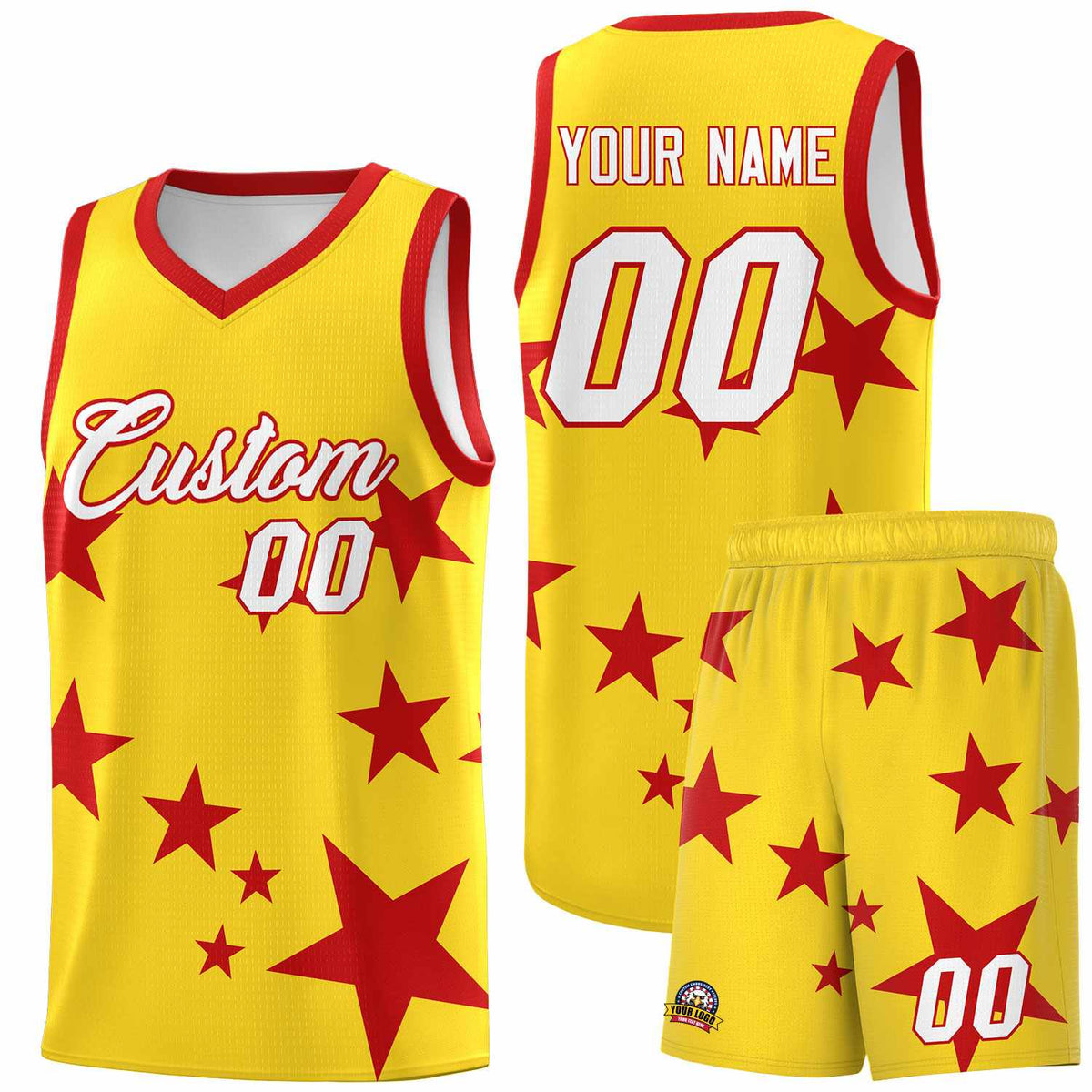 Custom Gold Red Graffiti Pattern Star Print Basketball Jersey Sets