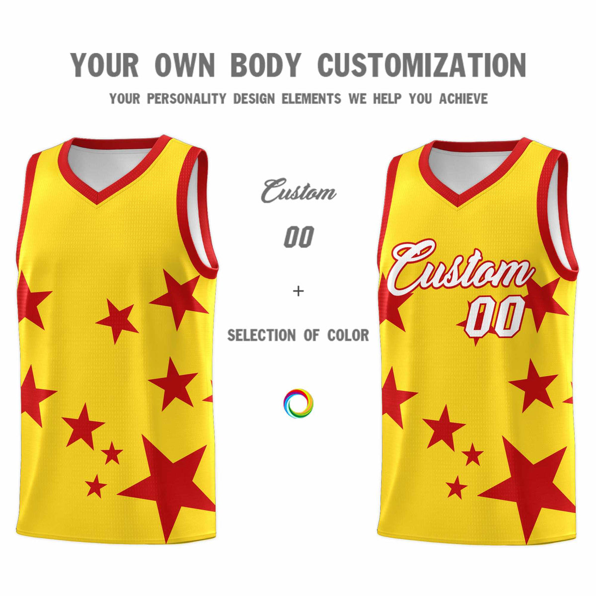 Custom Gold Red Graffiti Pattern Star Print Basketball Jersey Sets