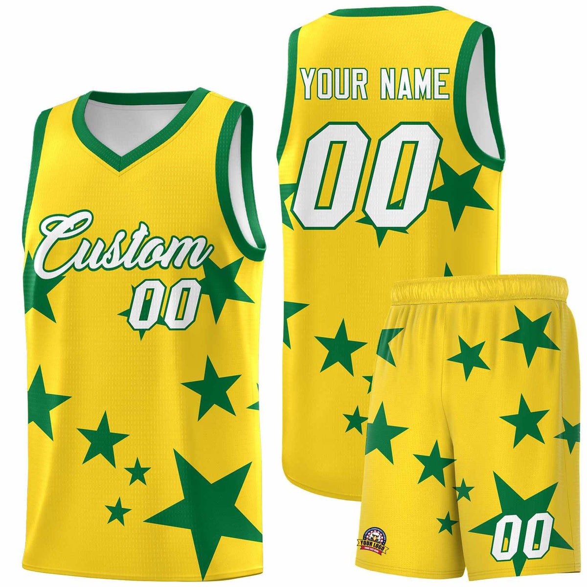 Custom Gold Kelly Green Graffiti Pattern Star Print Basketball Jersey Sets
