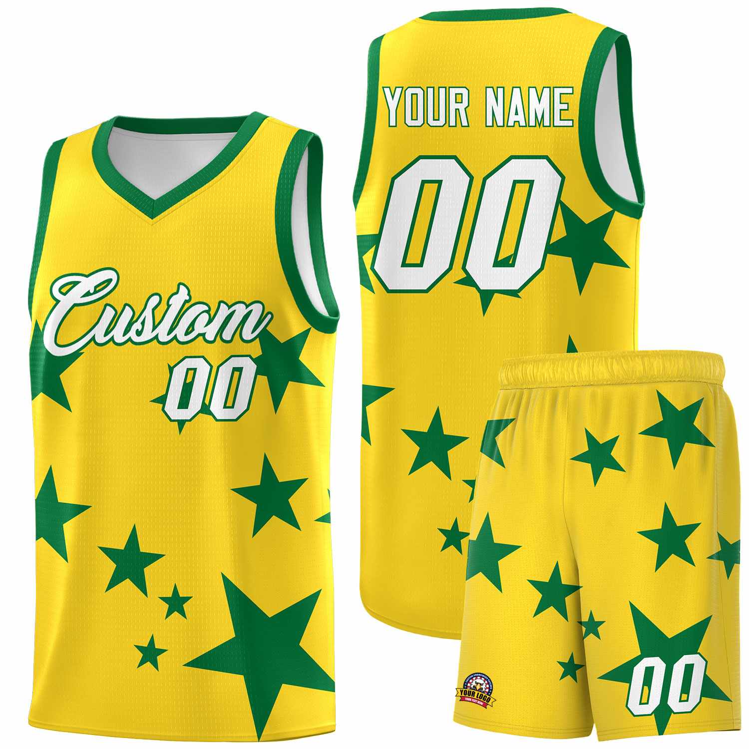 Custom Gold Kelly Green Graffiti Pattern Star Print Basketball Jersey Sets