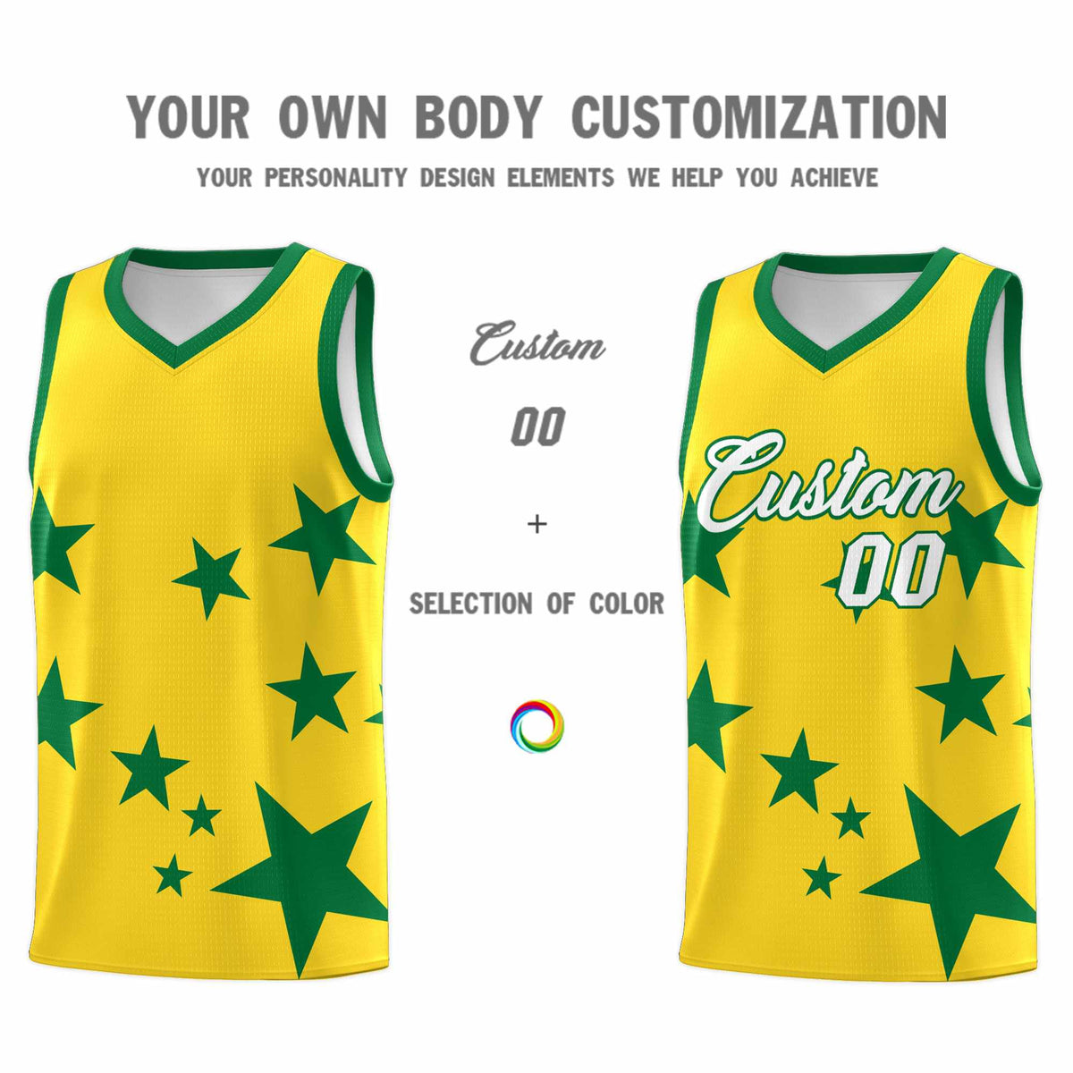 Custom Gold Kelly Green Graffiti Pattern Star Print Basketball Jersey Sets