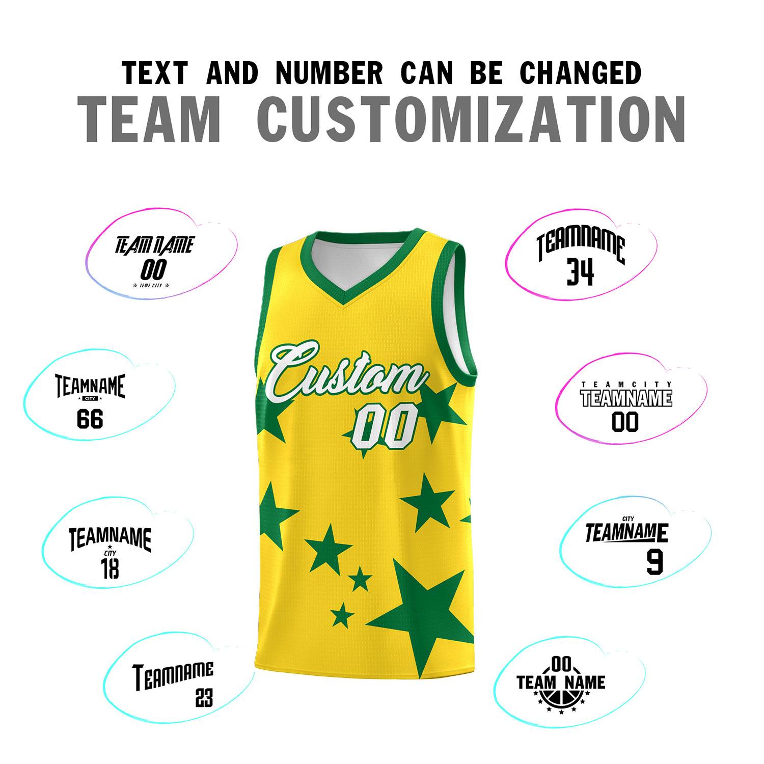 Custom Gold Kelly Green Graffiti Pattern Star Print Basketball Jersey Sets