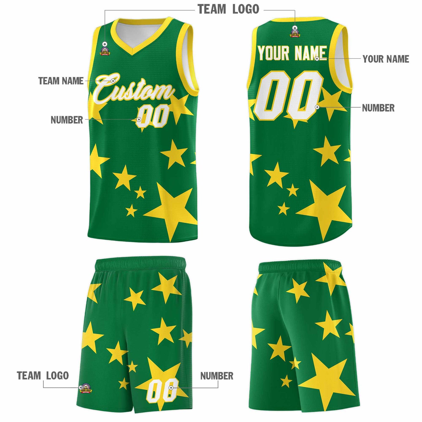 Custom Kelly Green Gold Graffiti Pattern Star Print Basketball Jersey Sets