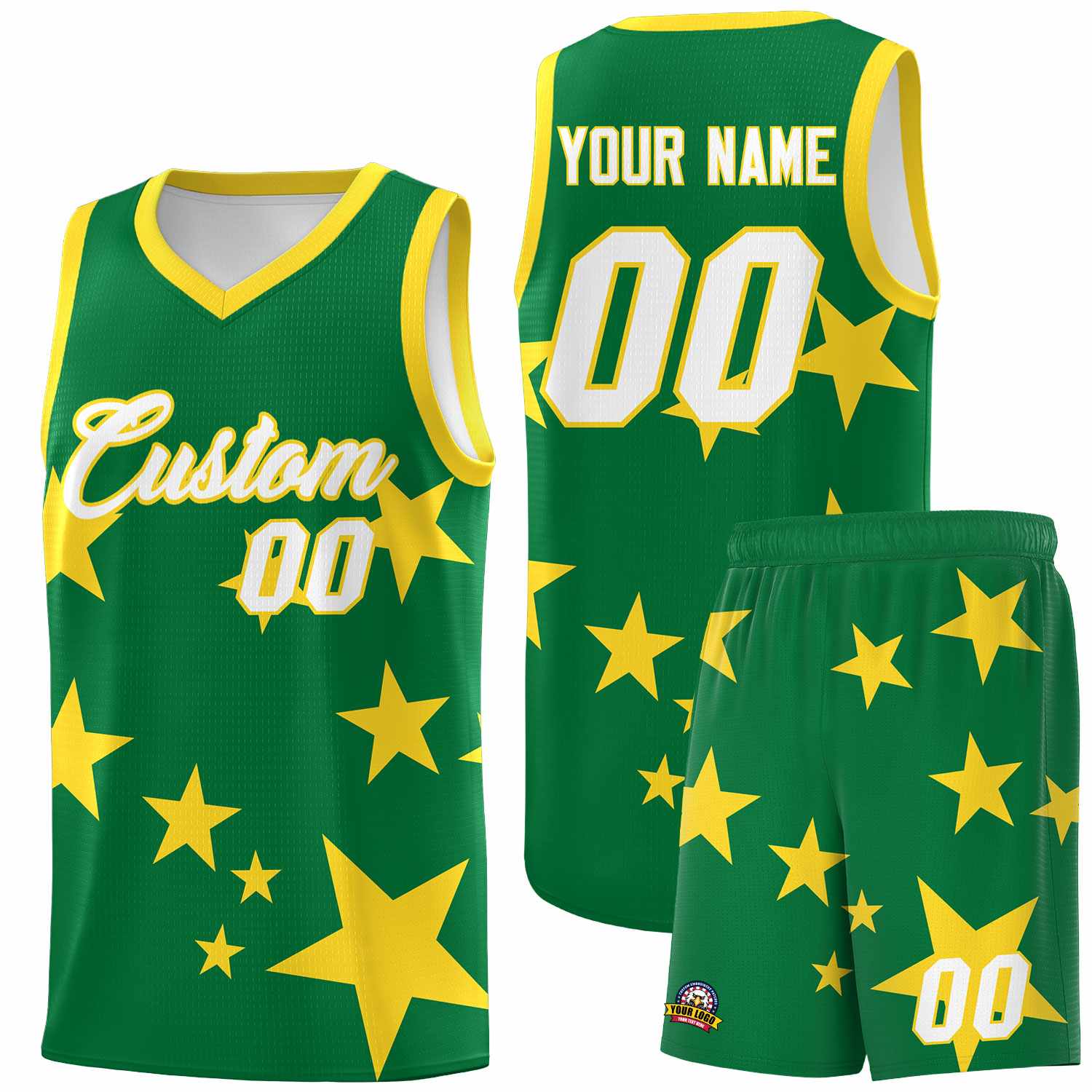 Custom Kelly Green Gold Graffiti Pattern Star Print Basketball Jersey Sets