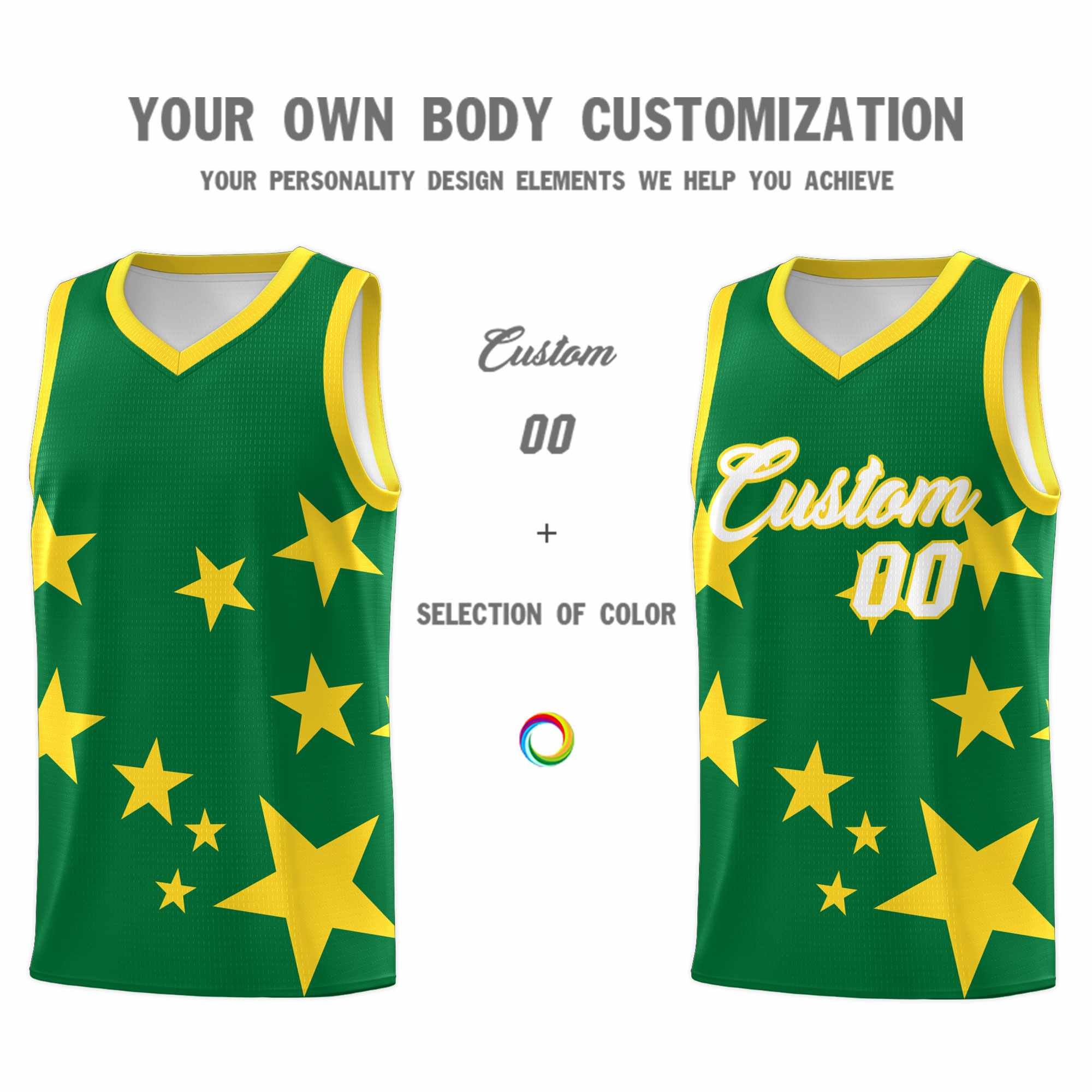 Custom Kelly Green Gold Graffiti Pattern Star Print Basketball Jersey Sets