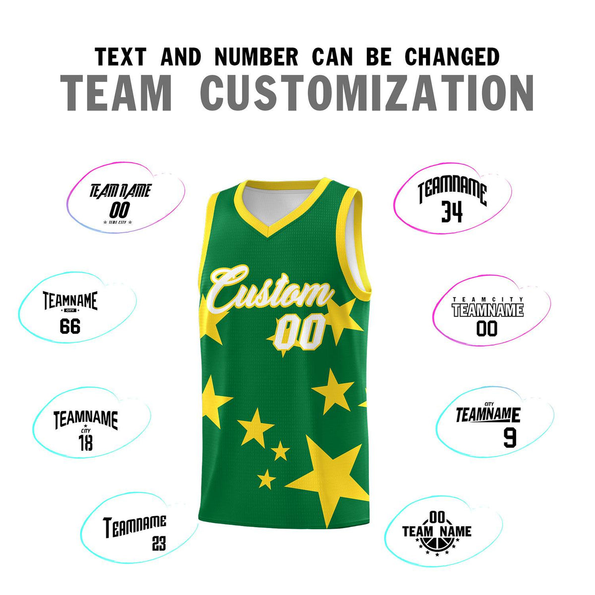 Custom Kelly Green Gold Graffiti Pattern Star Print Basketball Jersey Sets