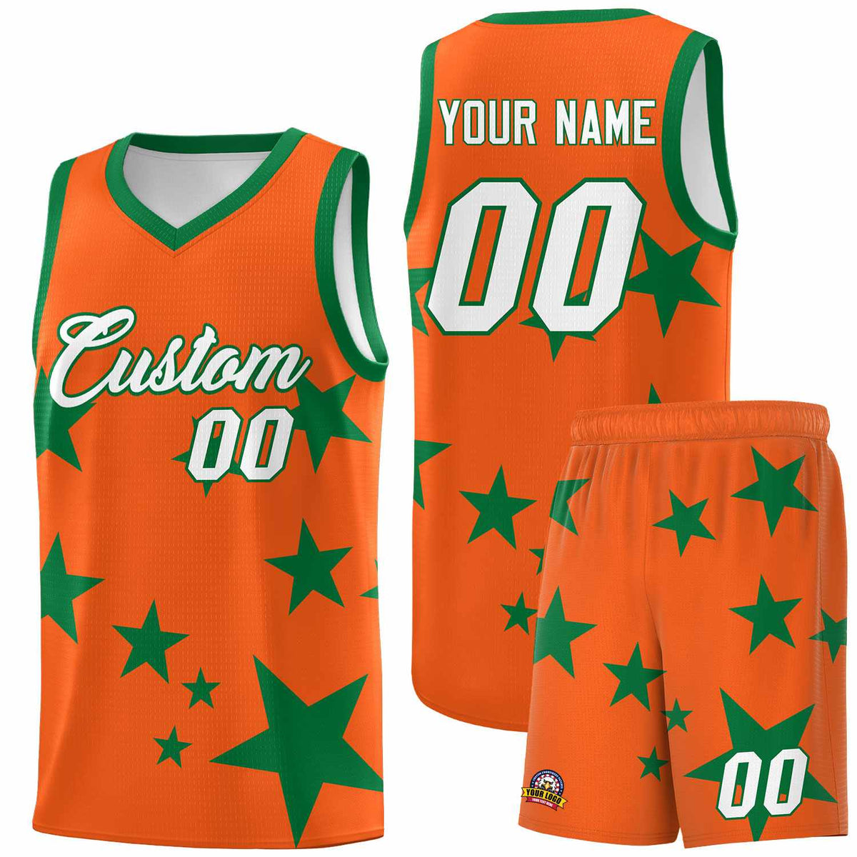 Custom Orange Kelly Green Graffiti Pattern Star Print Basketball Jersey Sets