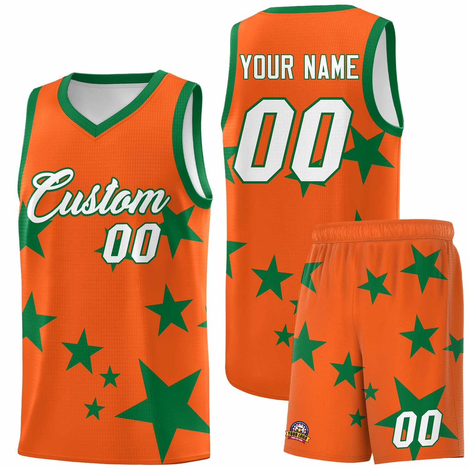 Custom Orange Kelly Green Graffiti Pattern Star Print Basketball Jersey Sets