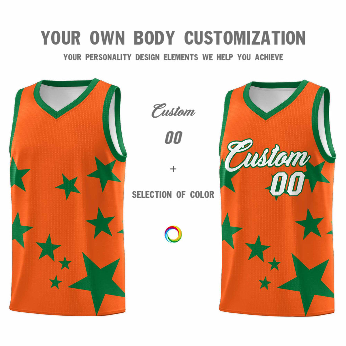 Custom Orange Kelly Green Graffiti Pattern Star Print Basketball Jersey Sets