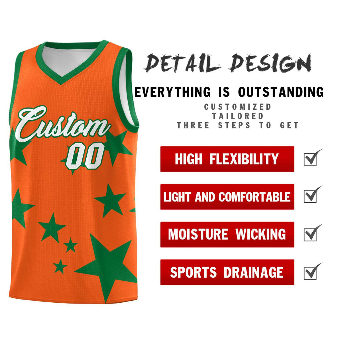 Custom Orange Kelly Green Graffiti Pattern Star Print Basketball Jersey Sets