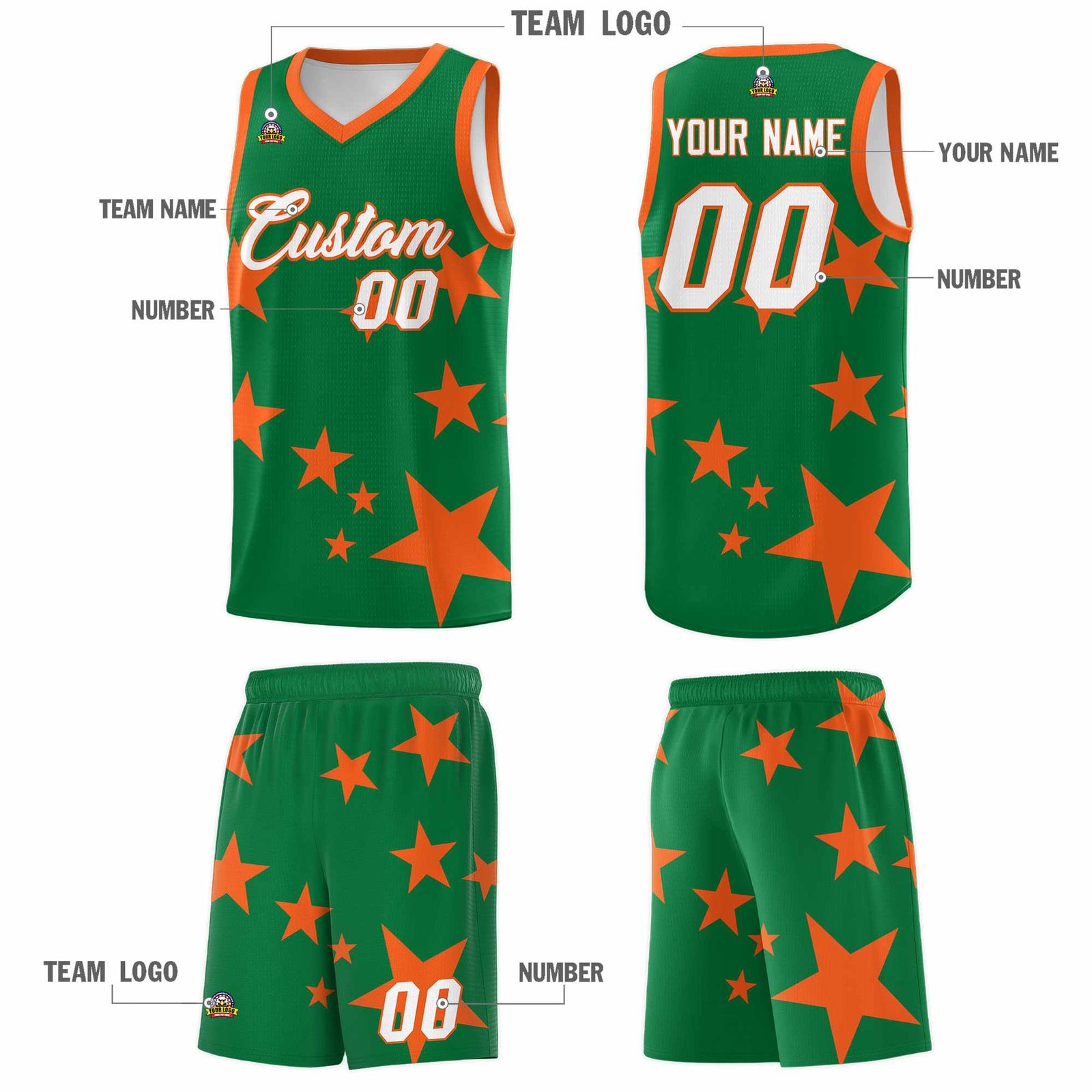 Custom Kelly Green Orange Graffiti Pattern Star Print Basketball Jersey Sets