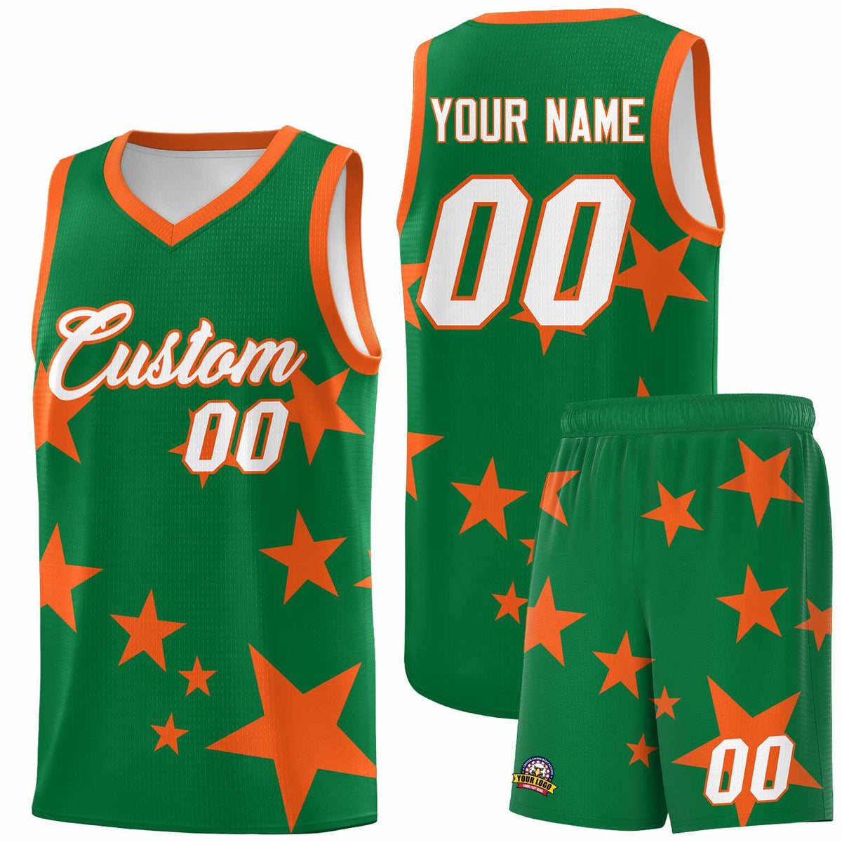 Custom Kelly Green Orange Graffiti Pattern Star Print Basketball Jersey Sets