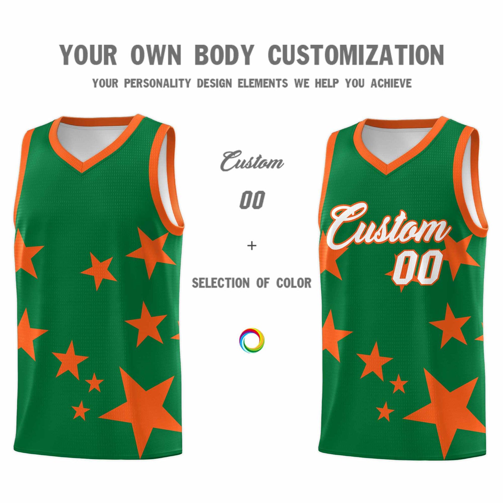 Custom Kelly Green Orange Graffiti Pattern Star Print Basketball Jersey Sets
