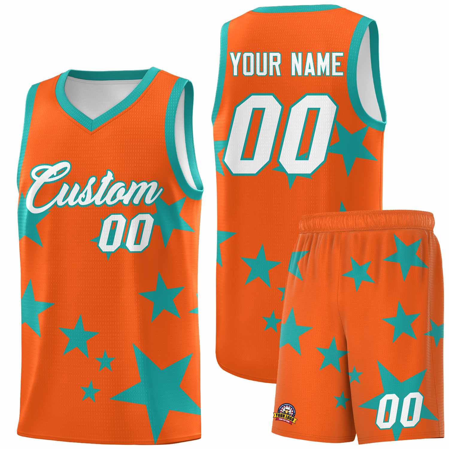 Custom Orange Aqua Graffiti Pattern Star Print Basketball Jersey Sets