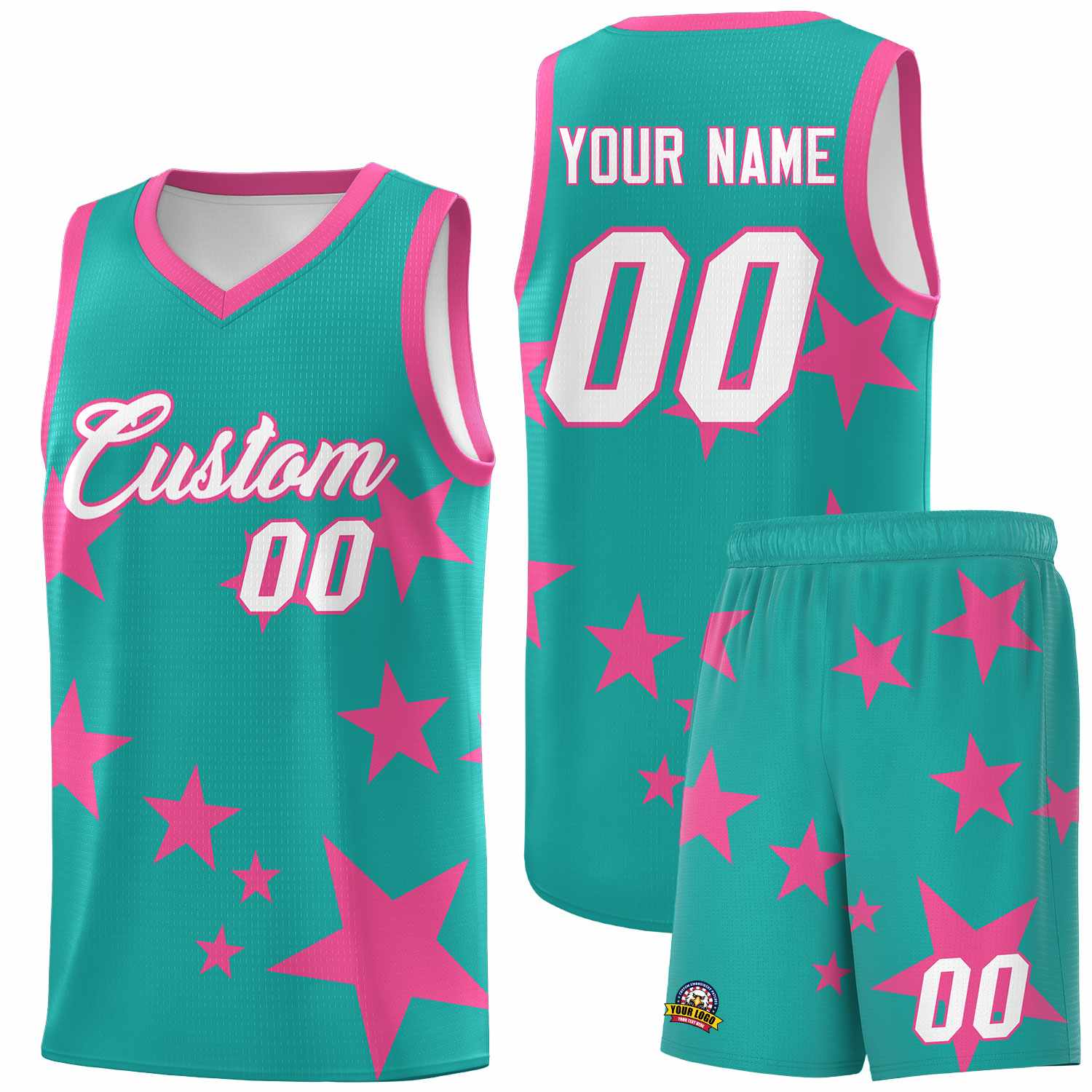 Custom Aqua Pink Graffiti Pattern Star Print Basketball Jersey Sets