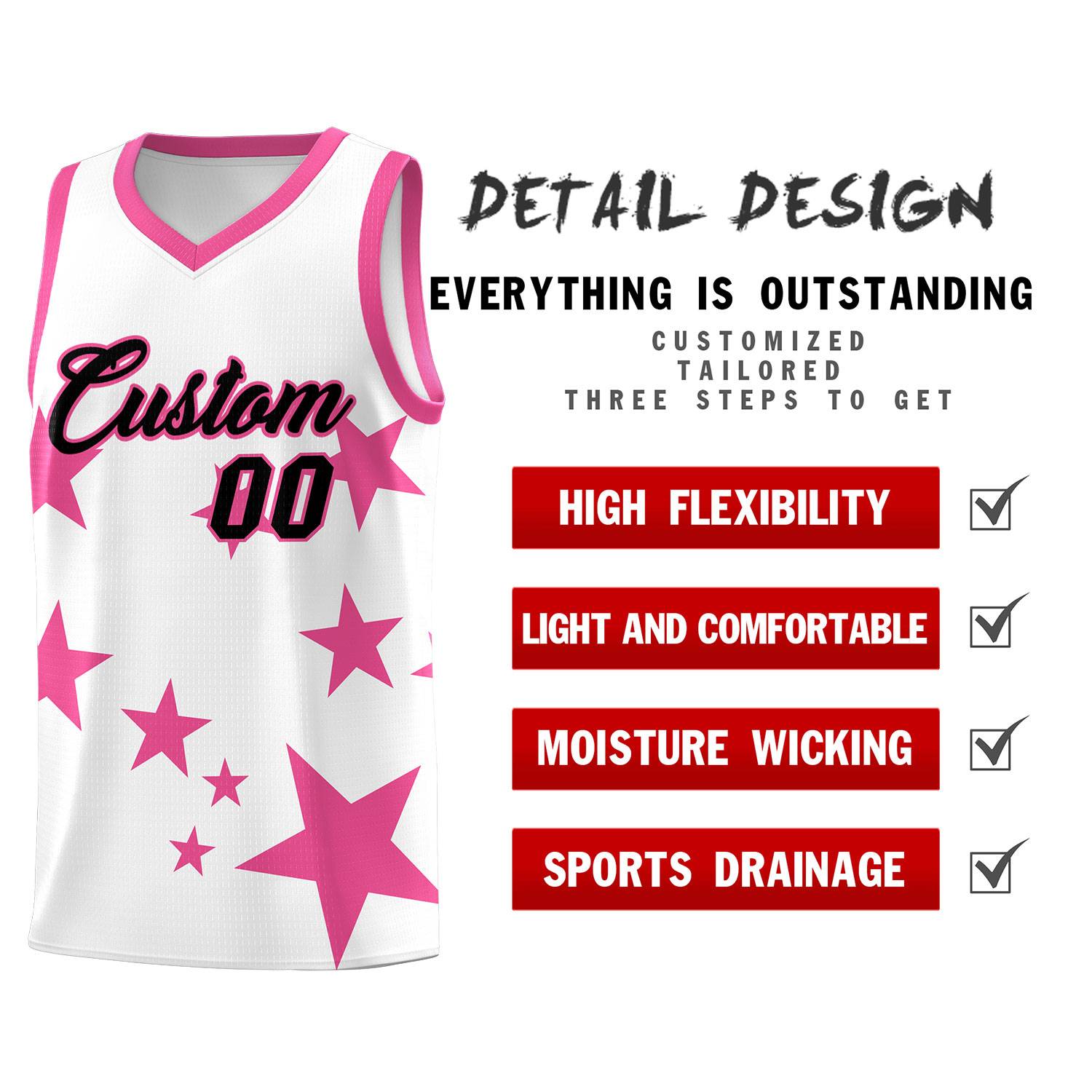 Custom White Pink Graffiti Pattern Star Print Basketball Jersey Sets