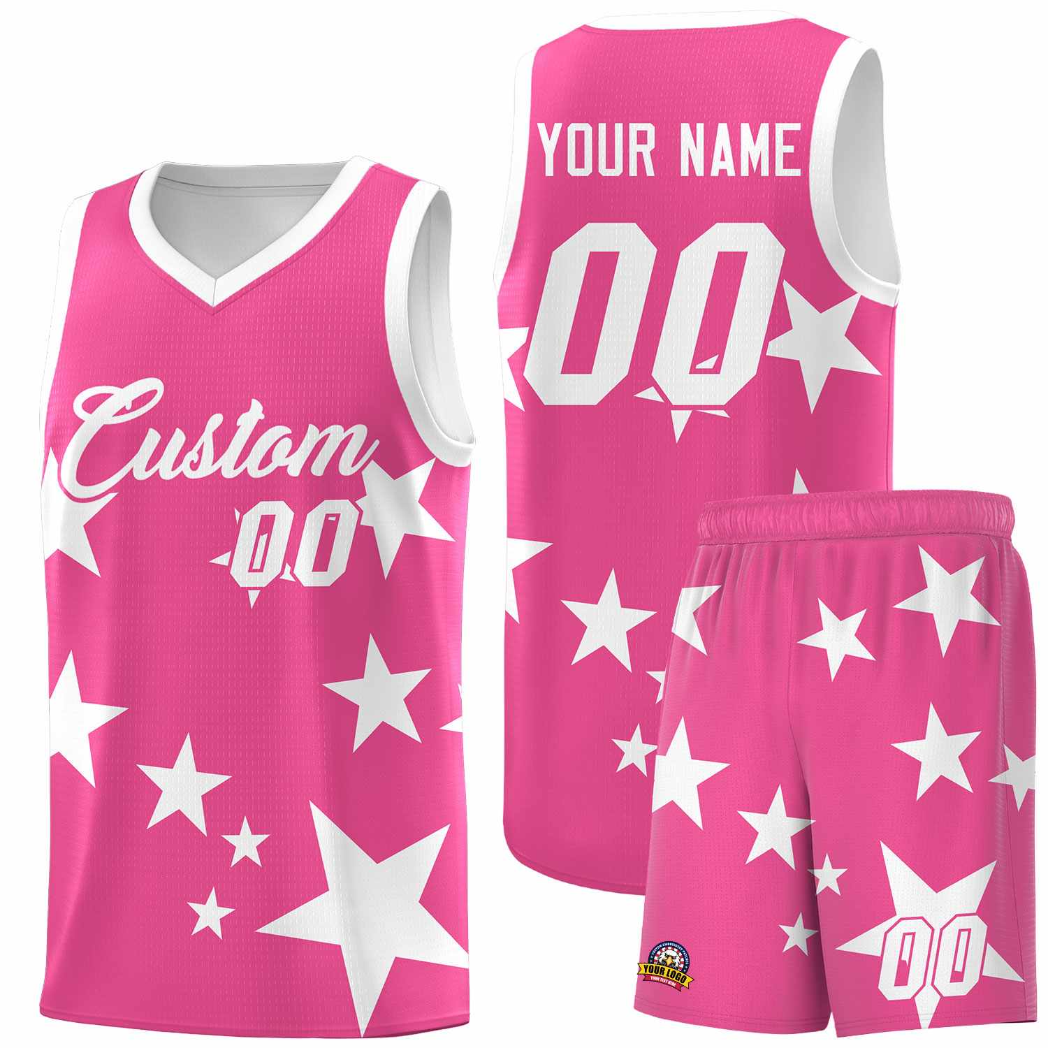 Custom Pink White Graffiti Pattern Star Print Basketball Jersey Sets