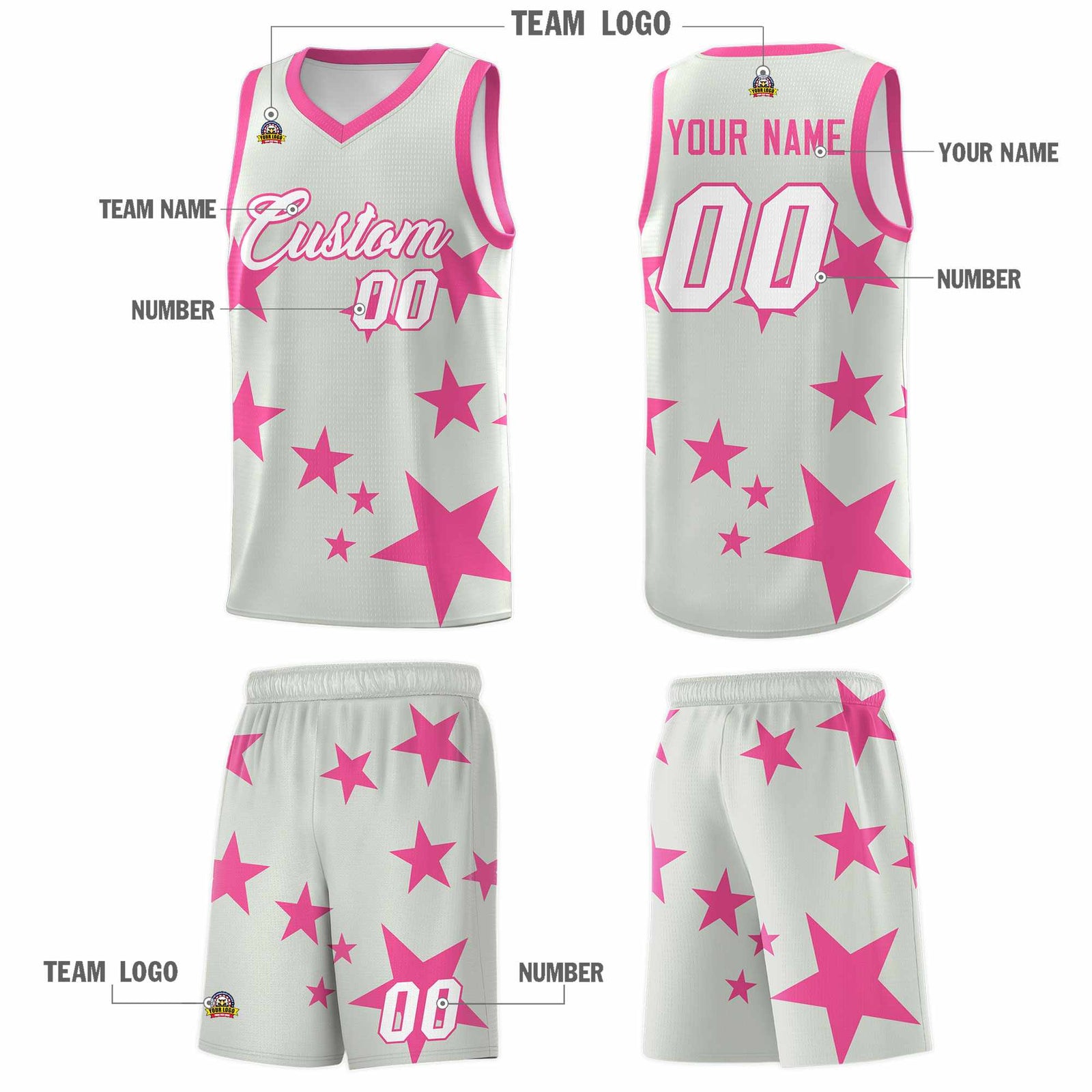 Custom Gray Pink Graffiti Pattern Star Print Basketball Jersey Sets