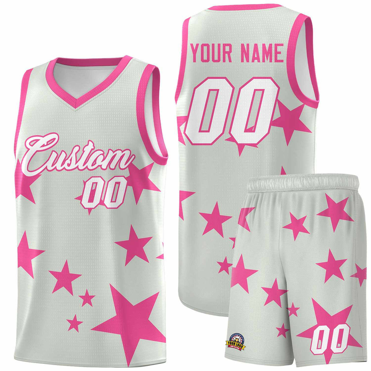 Custom Gray Pink Graffiti Pattern Star Print Basketball Jersey Sets