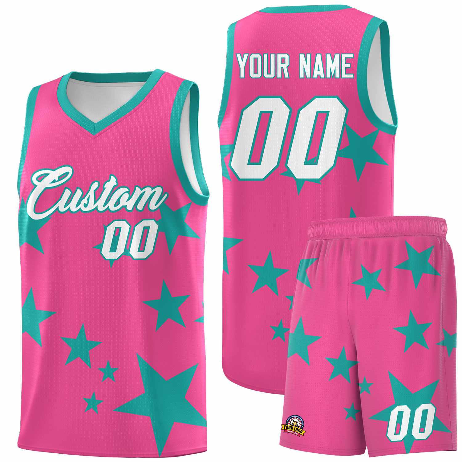 Custom Pink Aqua Graffiti Pattern Star Print Basketball Jersey Sets