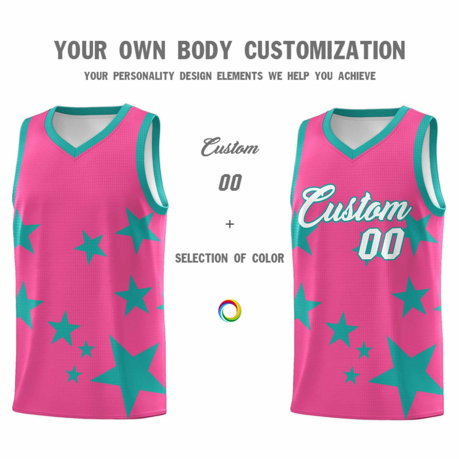 Custom Pink Aqua Graffiti Pattern Star Print Basketball Jersey Sets