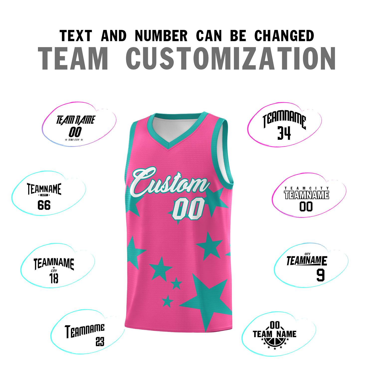 Custom Pink Aqua Graffiti Pattern Star Print Basketball Jersey Sets