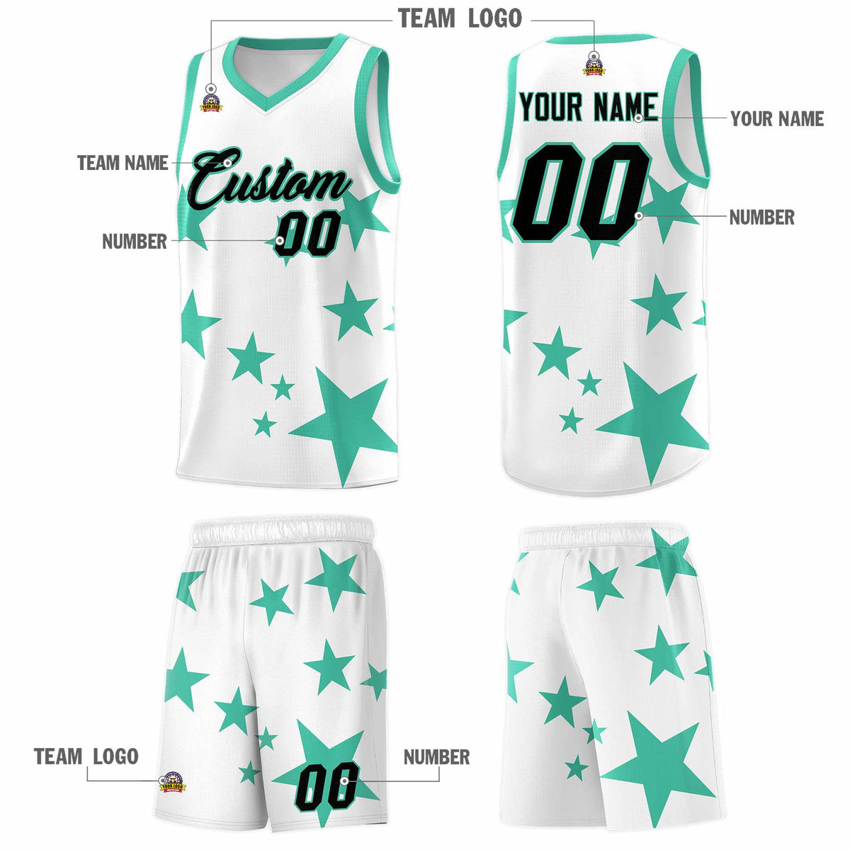 Custom White Bright Green Graffiti Pattern Star Print Basketball Jersey Sets